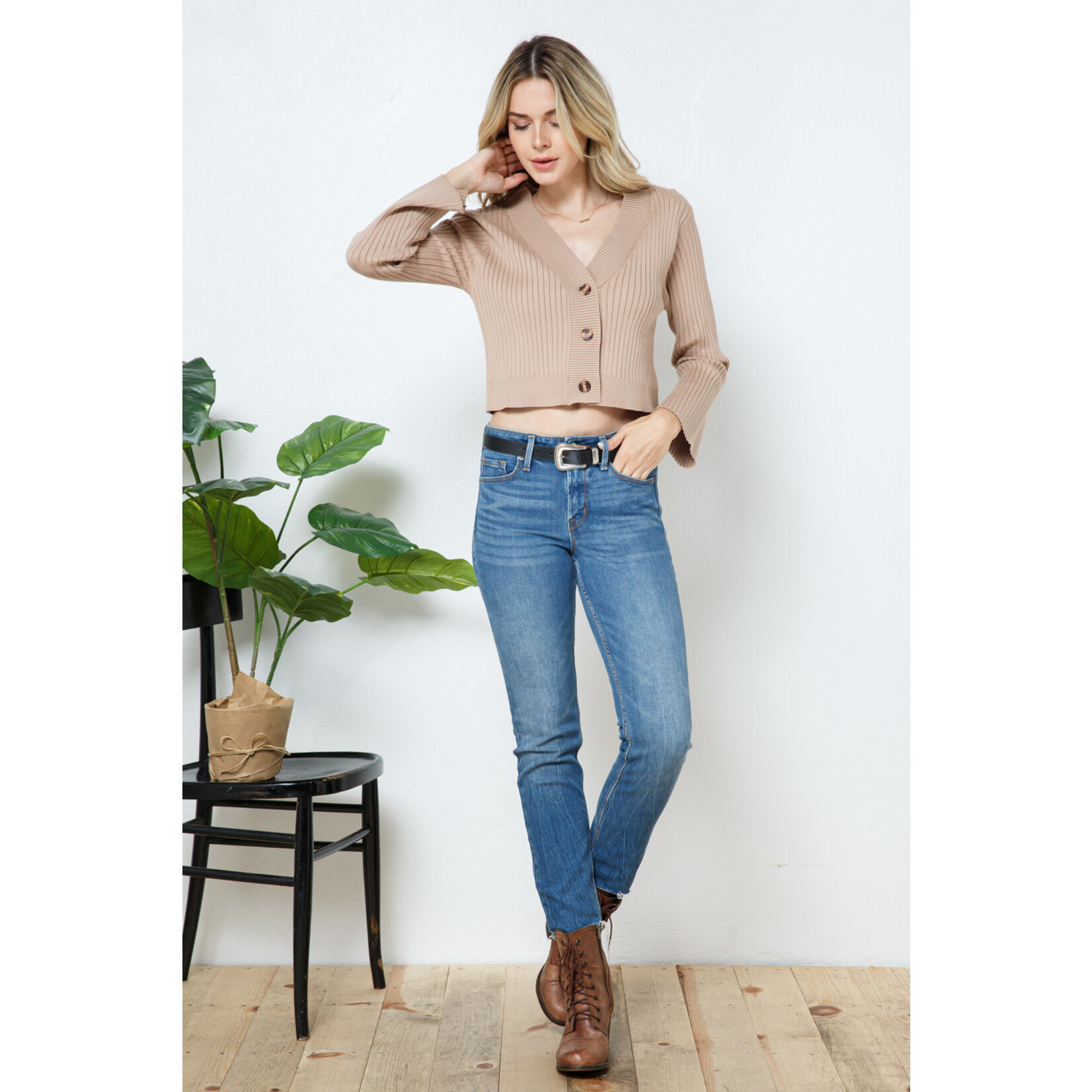 Cozy Co. Cropped Button Down Bell Sleeve Sweater- Coco