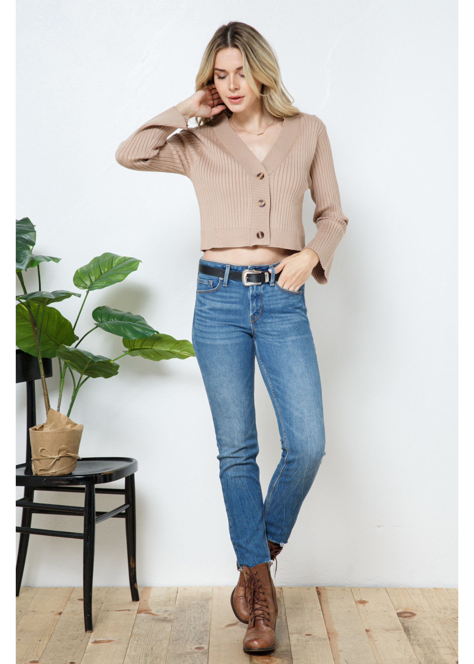 Cozy Co. Cropped Button Down Bell Sleeve Sweater- Coco