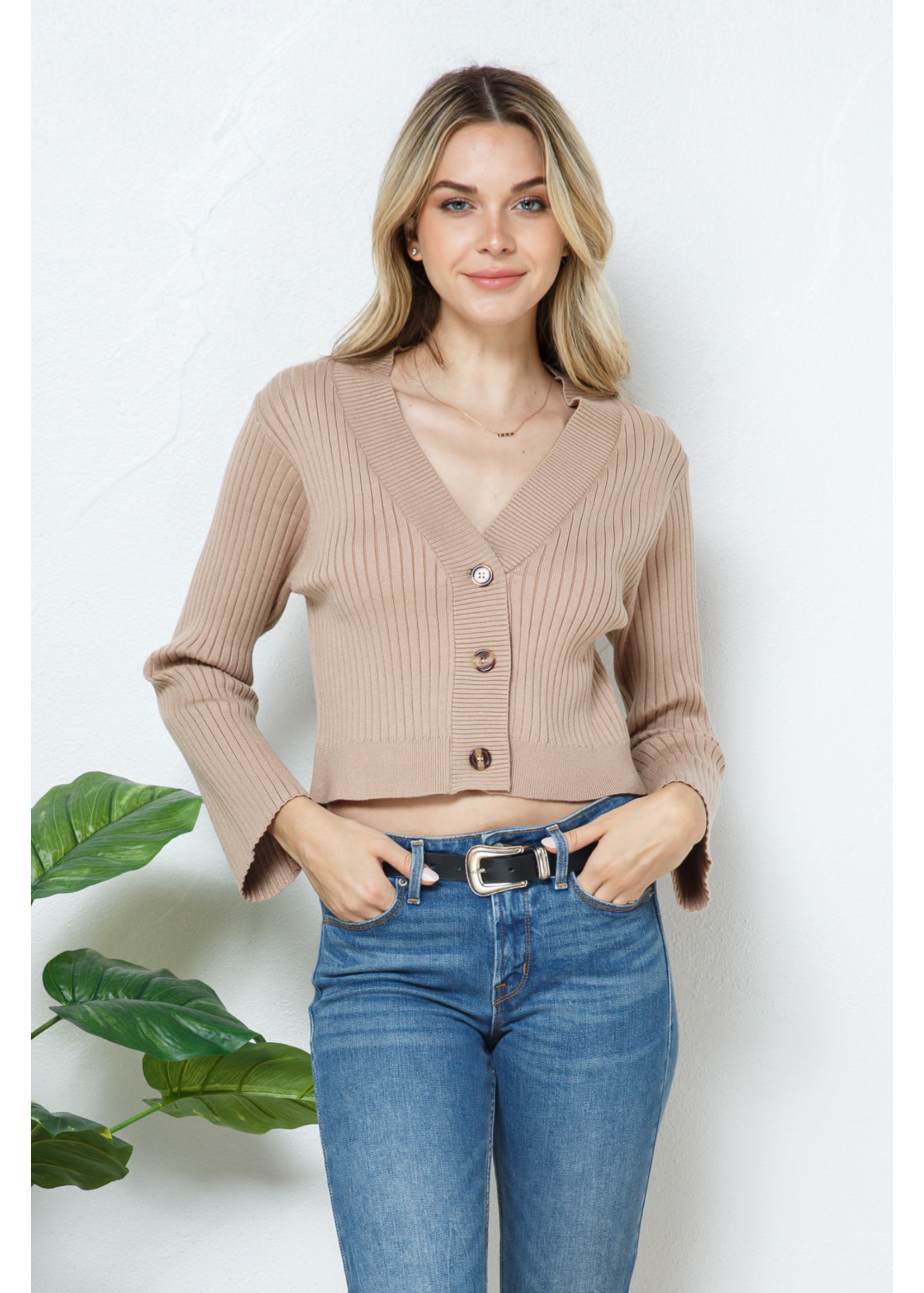 Cozy Co. Cropped Button Down Bell Sleeve Sweater- Coco