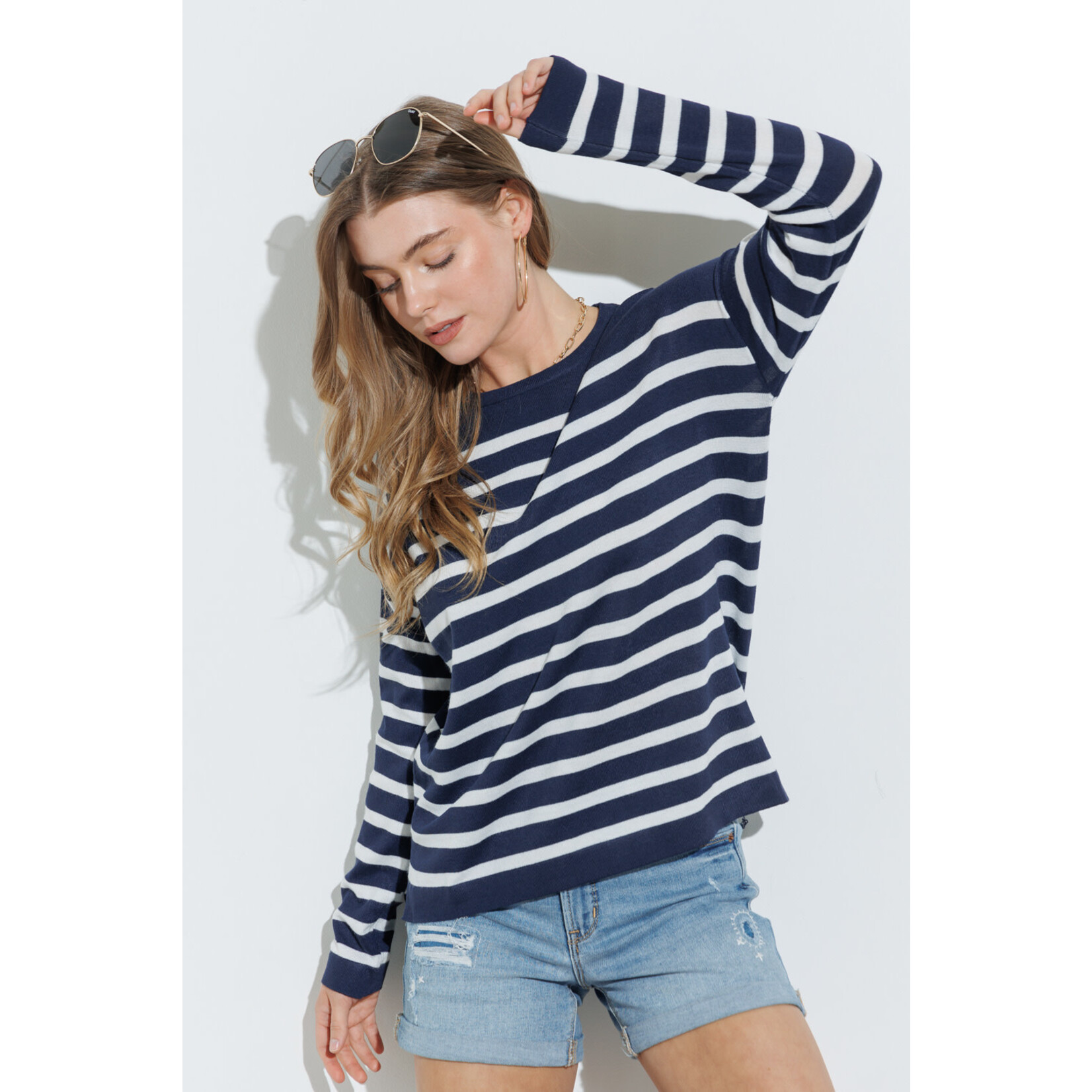 Cozy Co. Light Soft Knit Striped Pullover Sweater- Navy