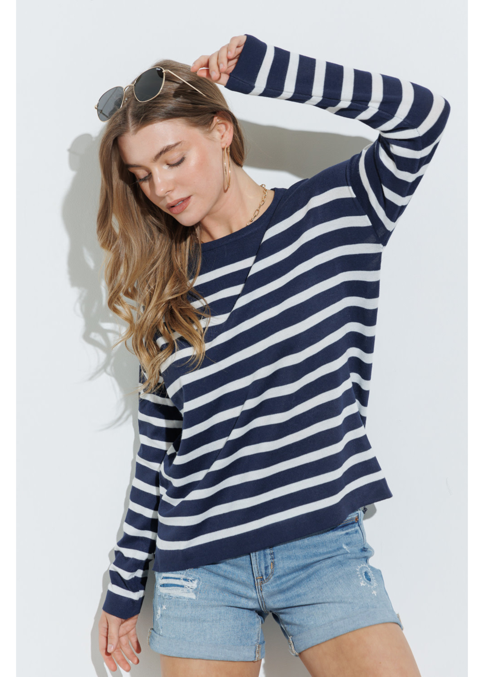 Cozy Co. Light Soft Knit Striped Pullover Sweater- Navy