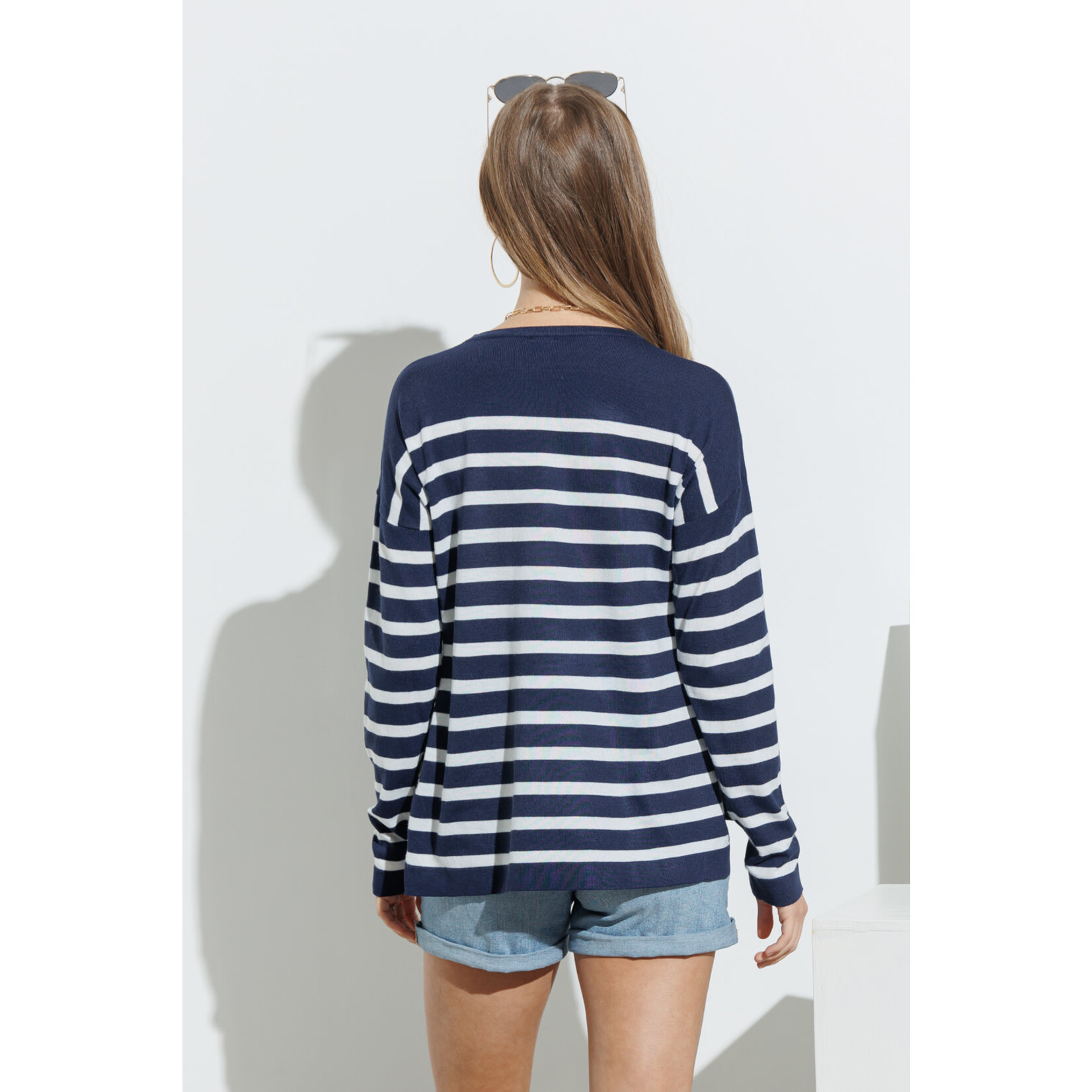 Cozy Co. Light Soft Knit Striped Pullover Sweater- Navy