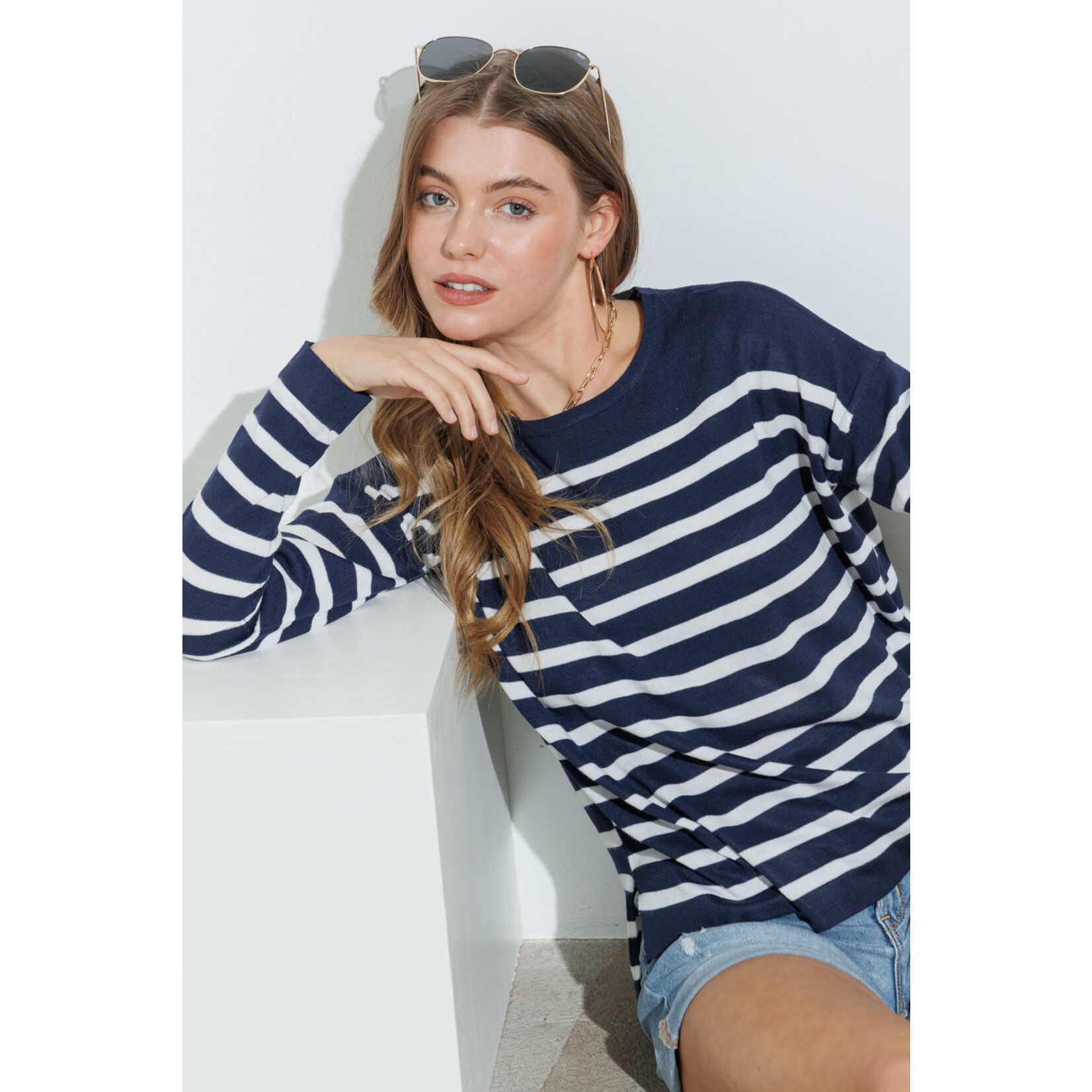 Cozy Co. Light Soft Knit Striped Pullover Sweater- Navy