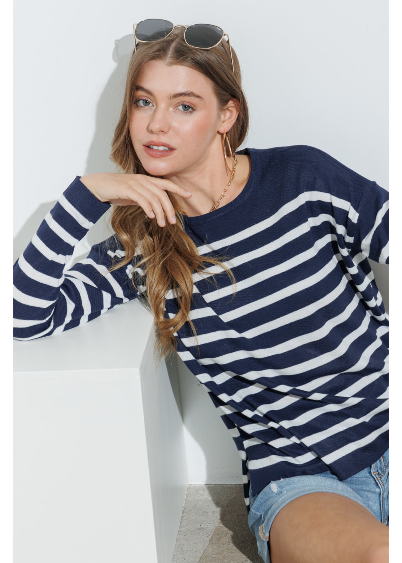 Cozy Co. Light Soft Knit Striped Pullover Sweater- Navy