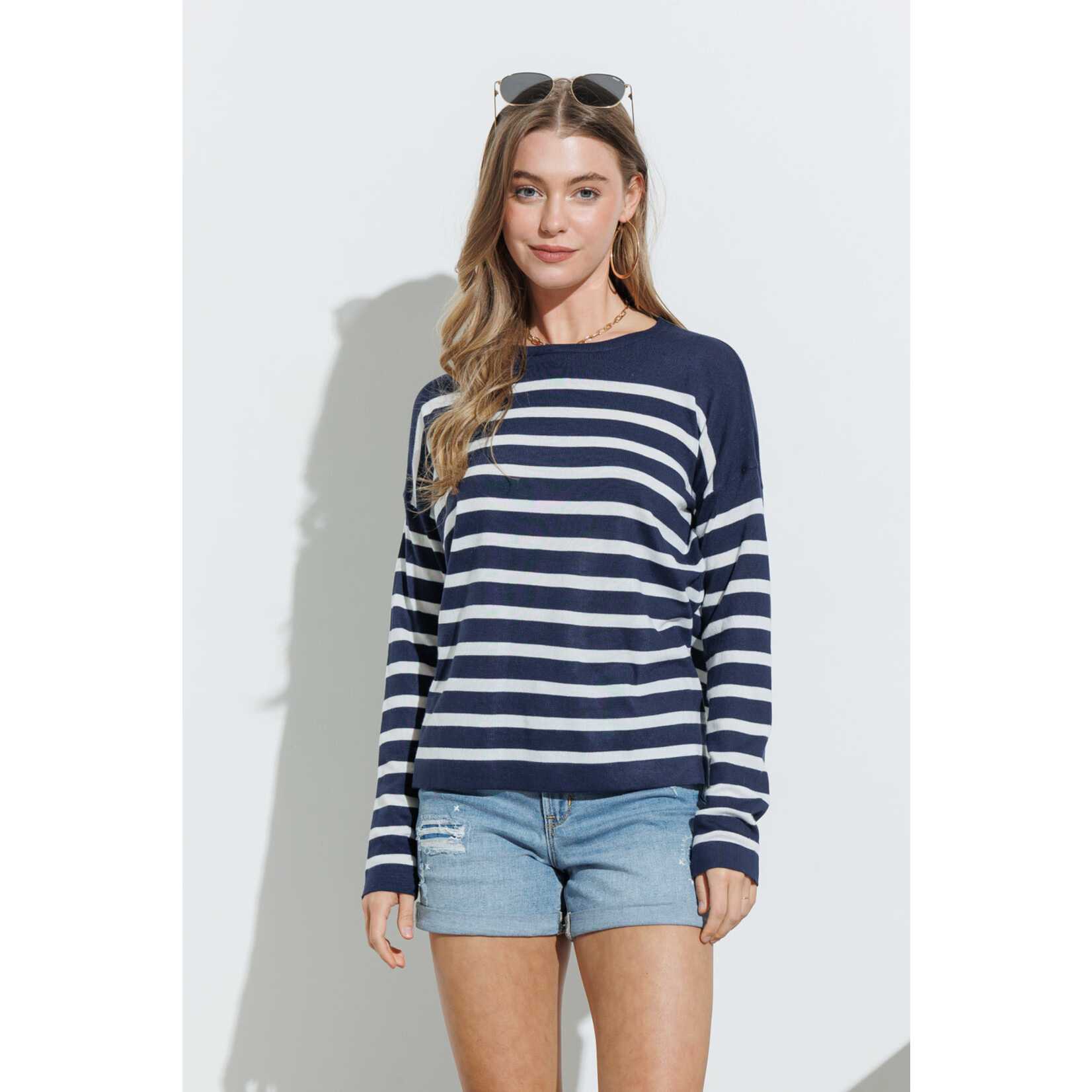 Cozy Co. Light Soft Knit Striped Pullover Sweater- Navy
