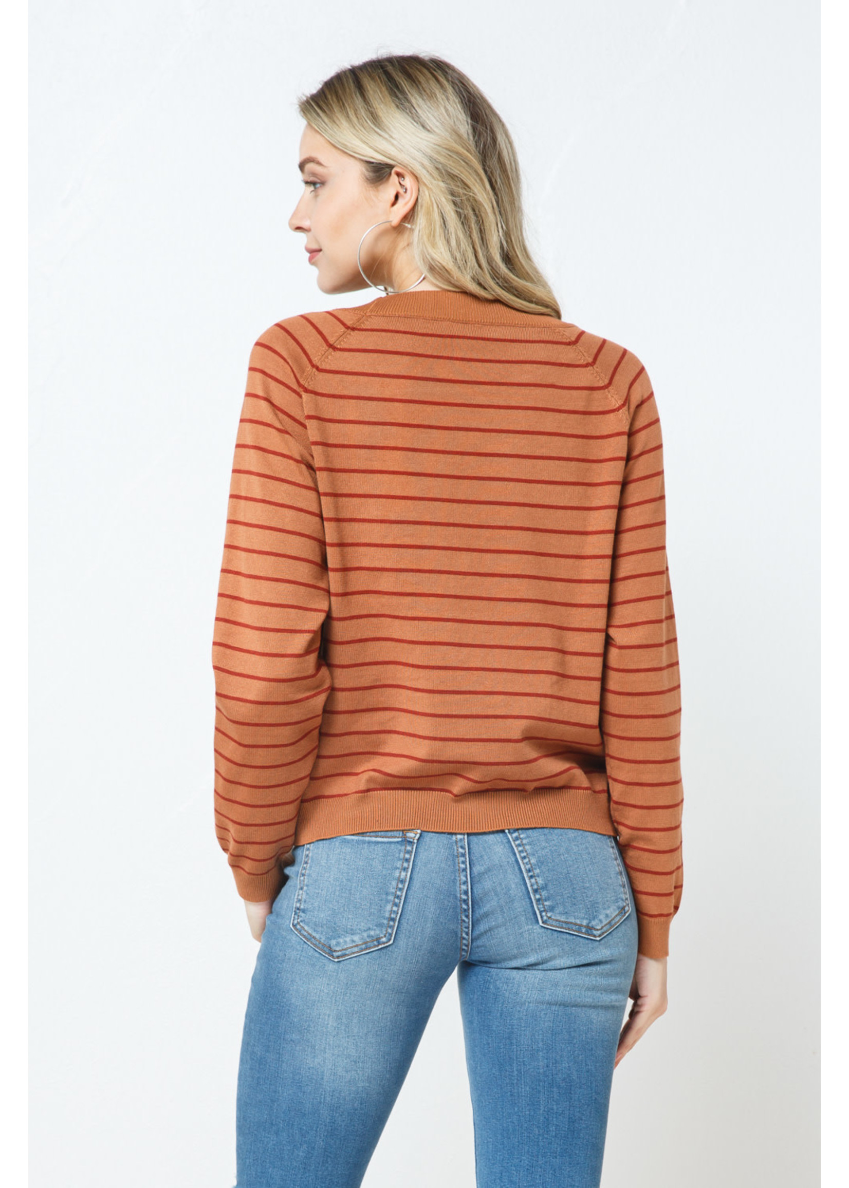 Cozy Co. Pin Striped Knit Crew Neck Pullover Sweater- Rust
