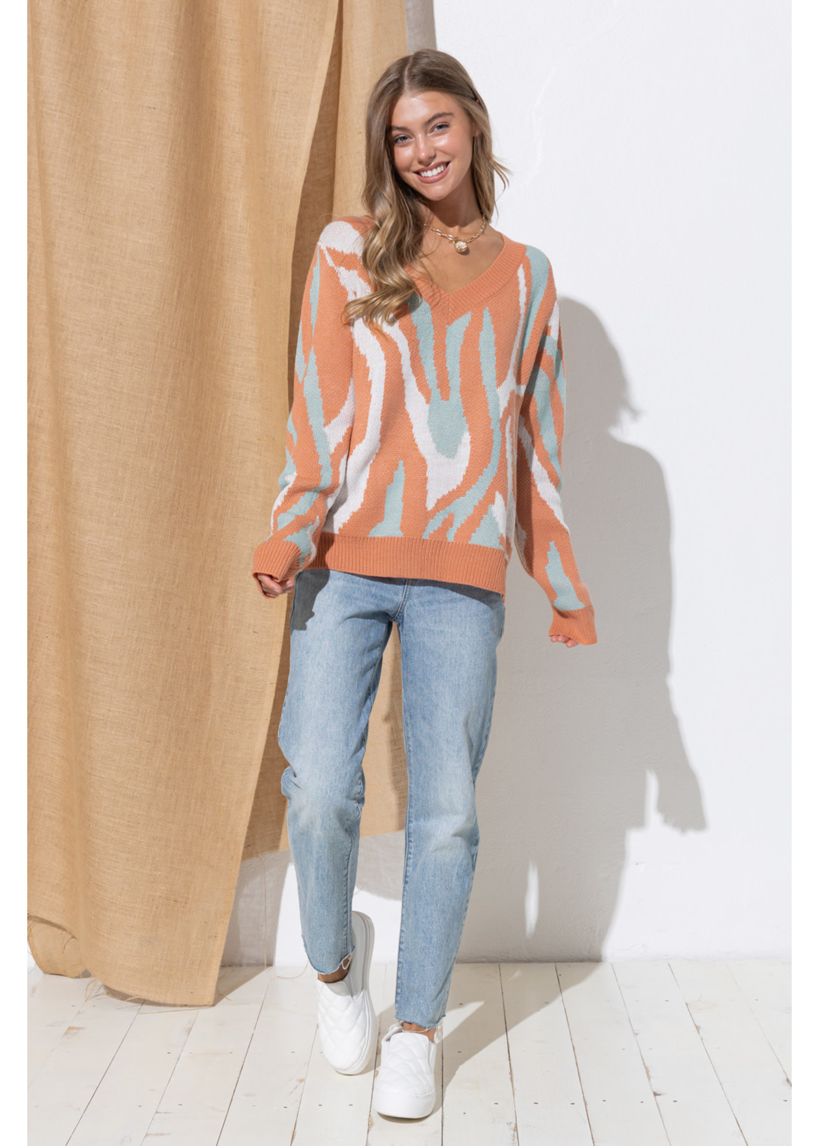 Cozy Co. Multi Color Zebra Print V Neck Sweater- Ginger Coral
