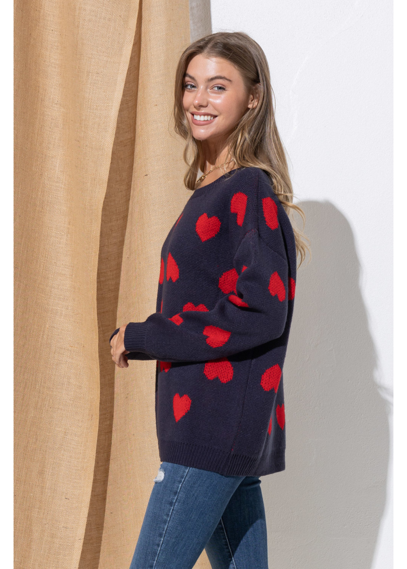 Cozy Co. Heart Print Knit Round Neck Sweater- Navy
