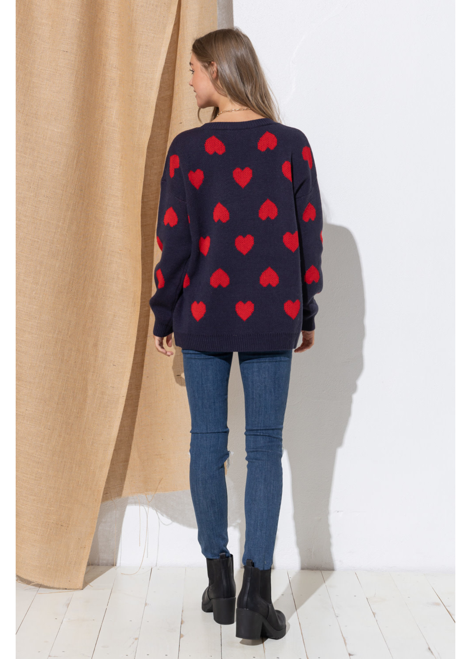 Cozy Co. Heart Print Knit Round Neck Sweater- Navy