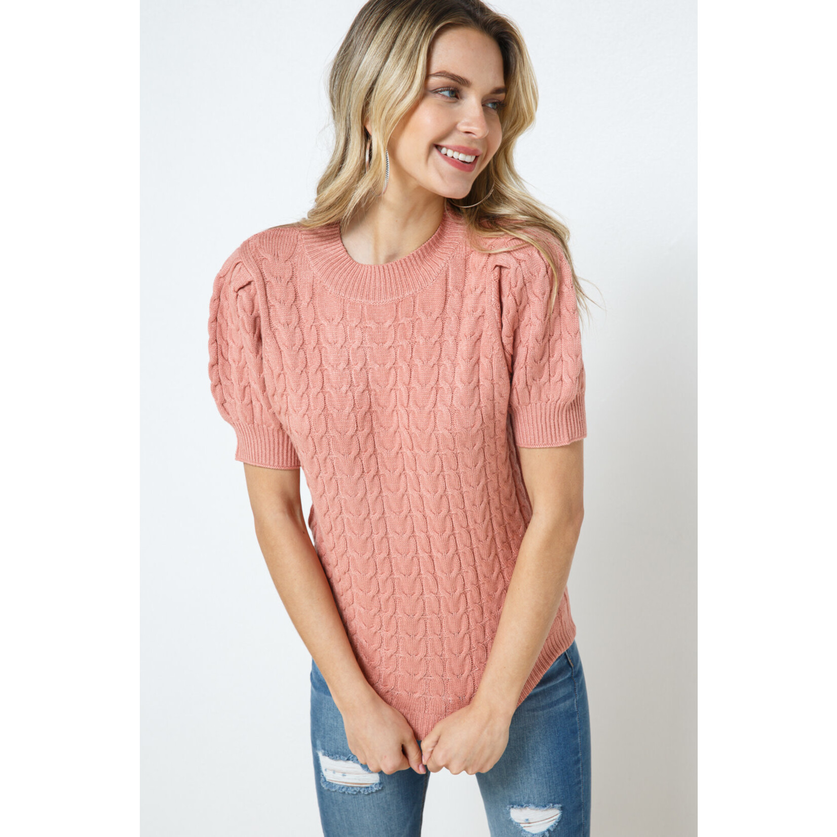 Cozy Co. Open Back Cable Knit Short Sleeve Sweater- Ginger Coral