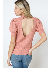 PACO RABANNE Short Sleeve Cable Knit Sweater in Coral