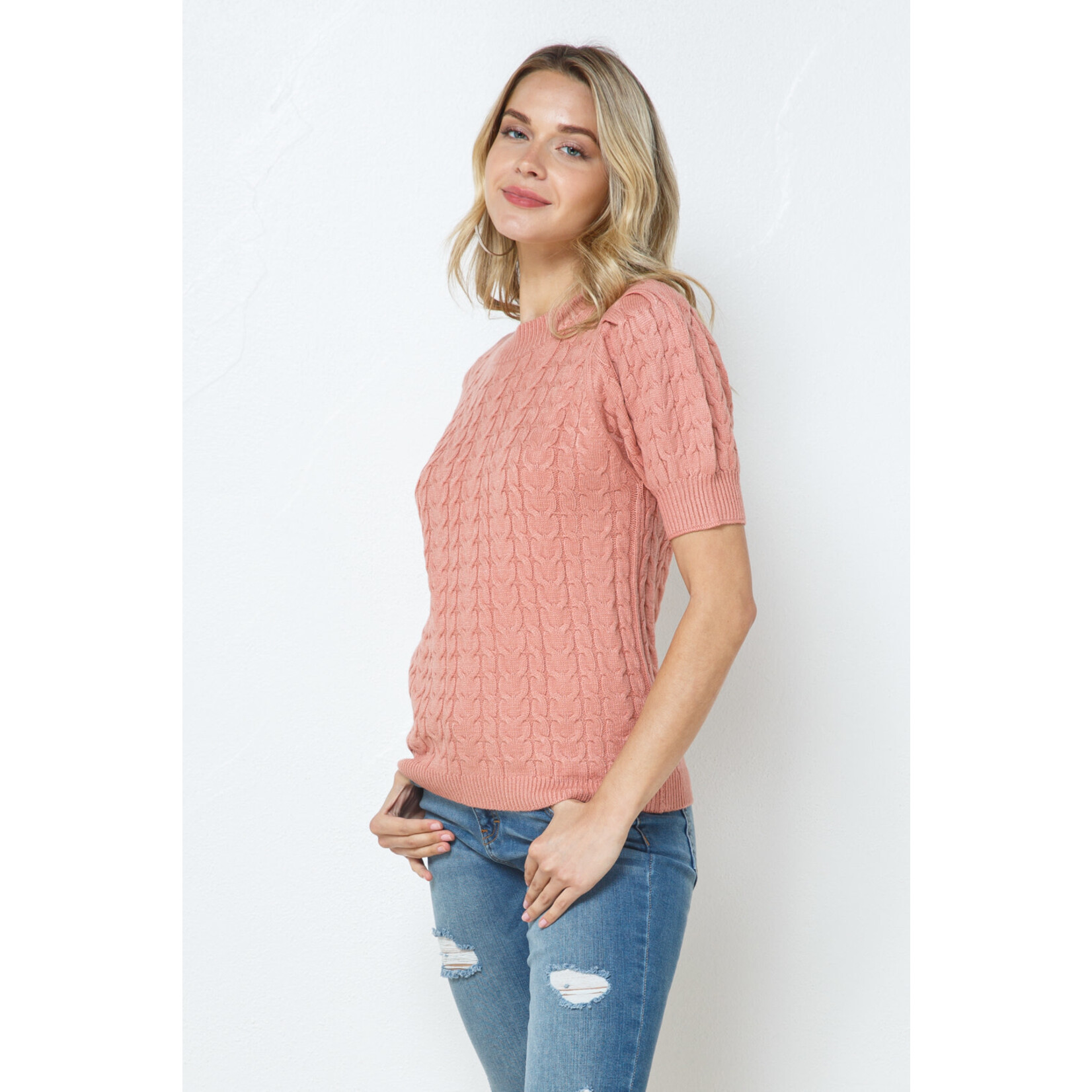 Cozy Co. Open Back Cable Knit Short Sleeve Sweater- Ginger Coral