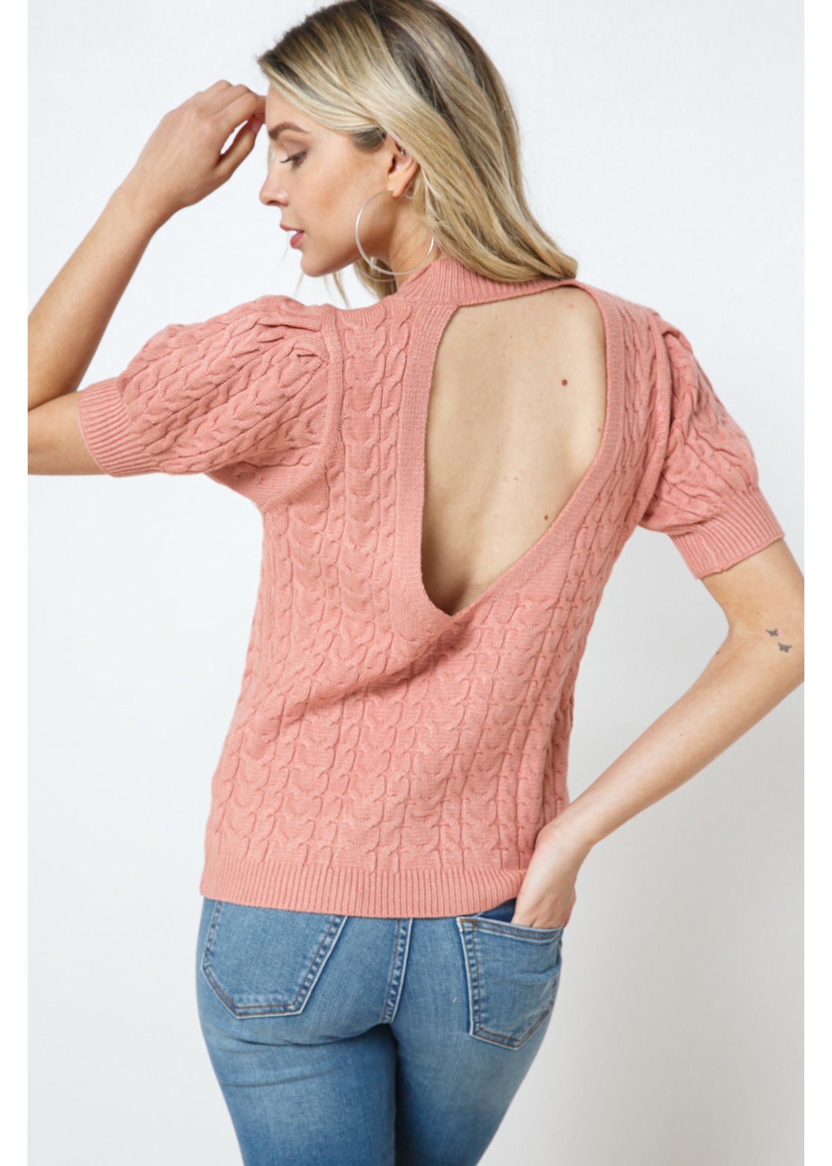 Cozy Co. Open Back Cable Knit Short Sleeve Sweater- Ginger Coral - Sage &  Willow