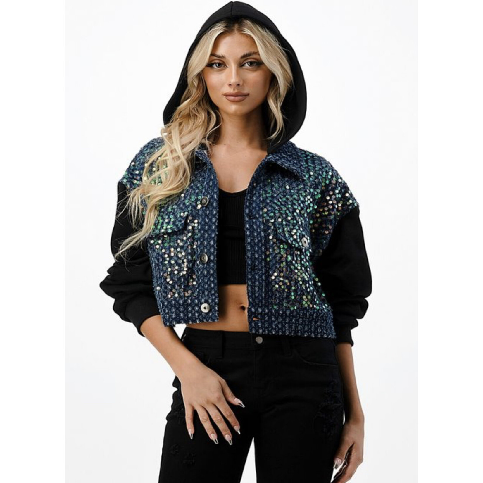 Dance & Marvel SEQUINS BLUE DENIM JACKET WITH CONTRAST