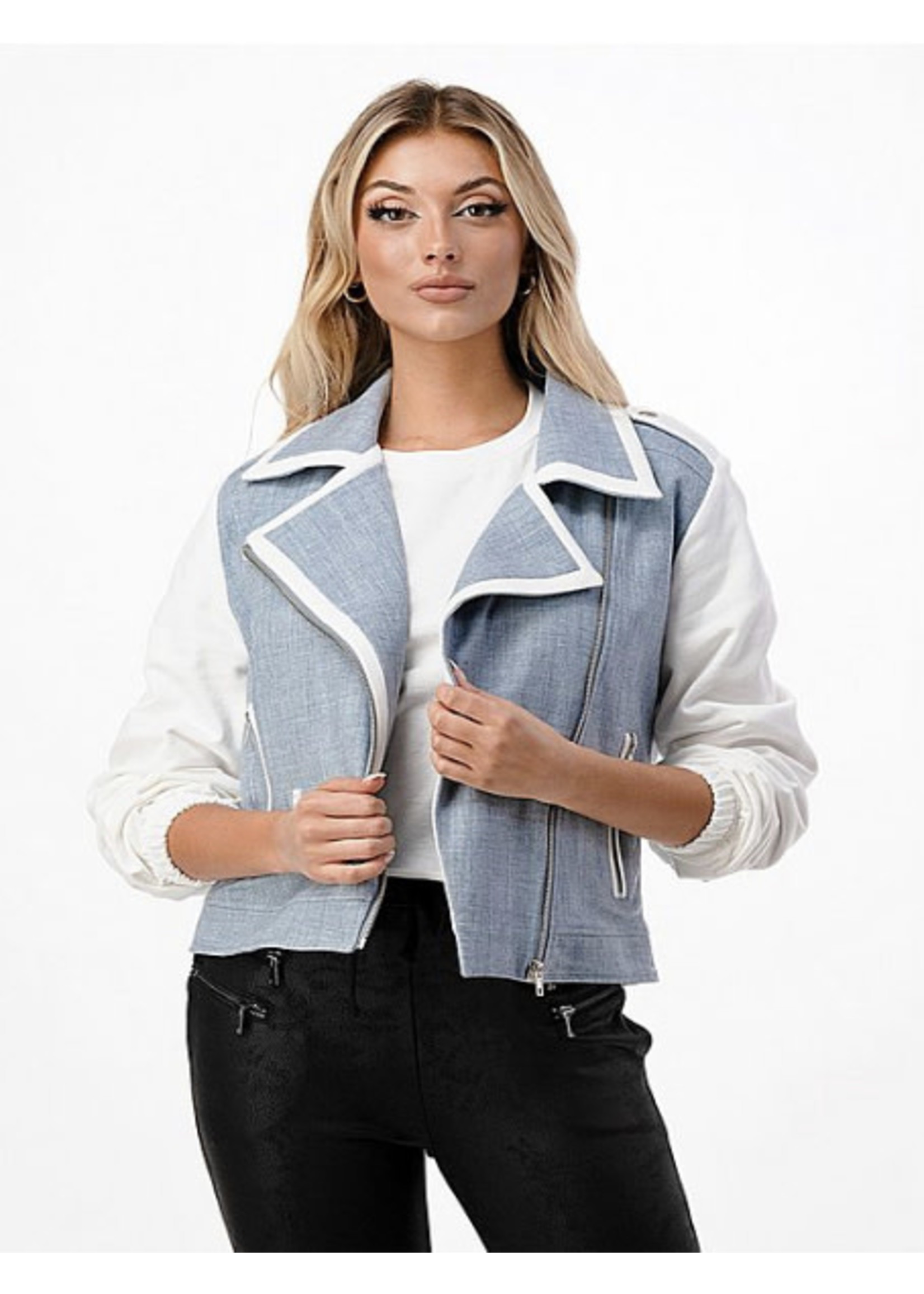 Dance & Marvel Denim Contrast Trimmed Moto Jacket