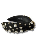 Brianna Cannon Black Twill Headband with Large Pearls and Crystals