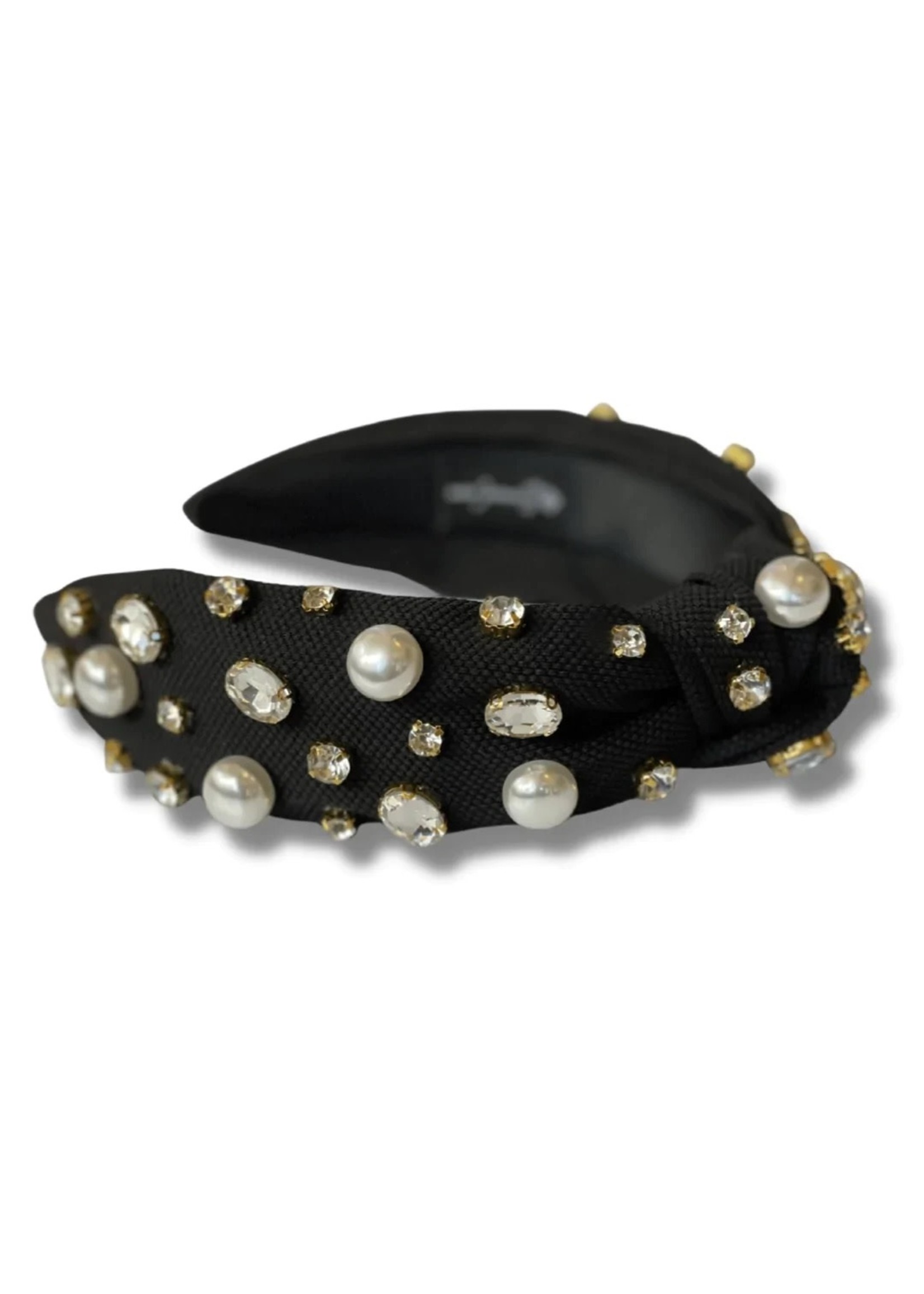 Brianna Cannon Black Twill Headband with Large Pearls and Crystals