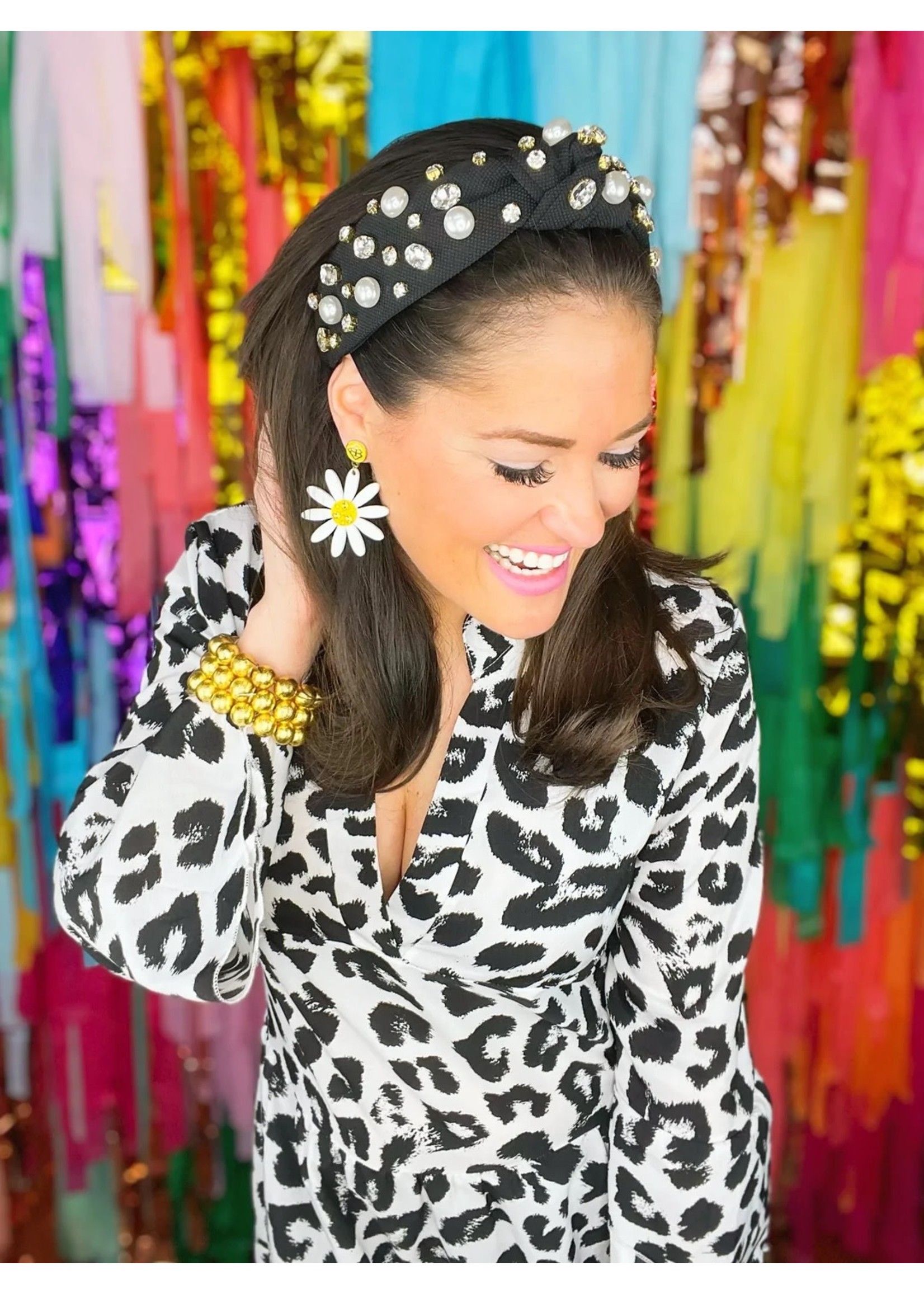 Brianna Cannon Black Twill Headband with Large Pearls and Crystals