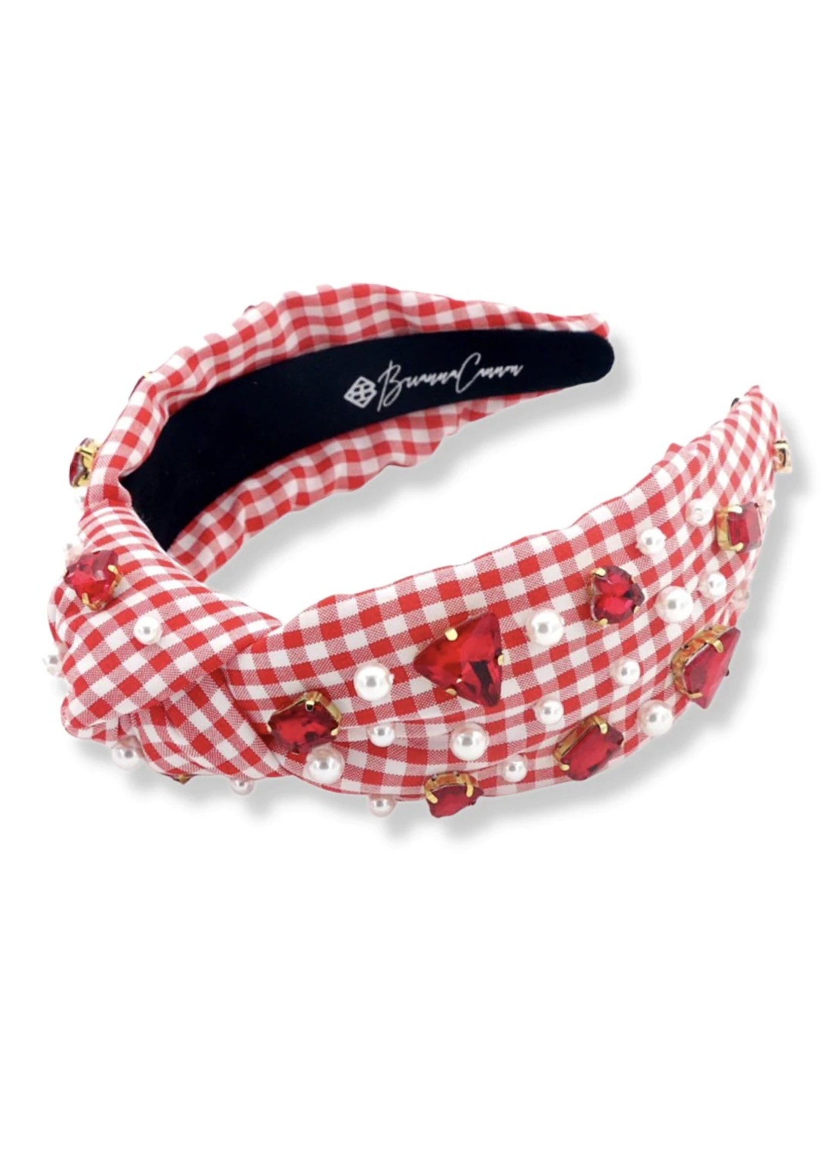 Brianna Cannon Red and White Gingham Headband with Red Heart Crystals and Pearls