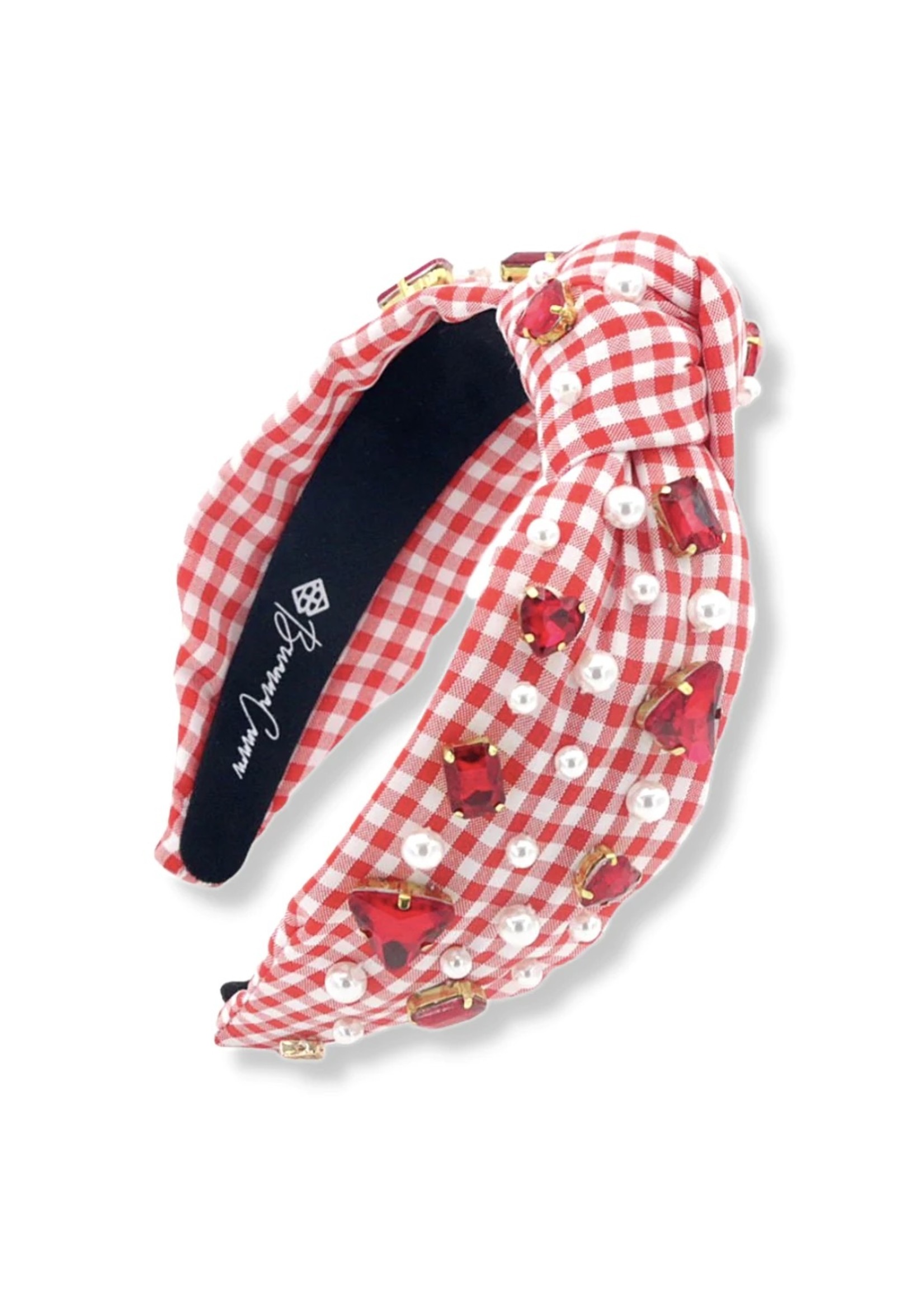 Brianna Cannon Red and White Gingham Headband with Red Heart Crystals and Pearls