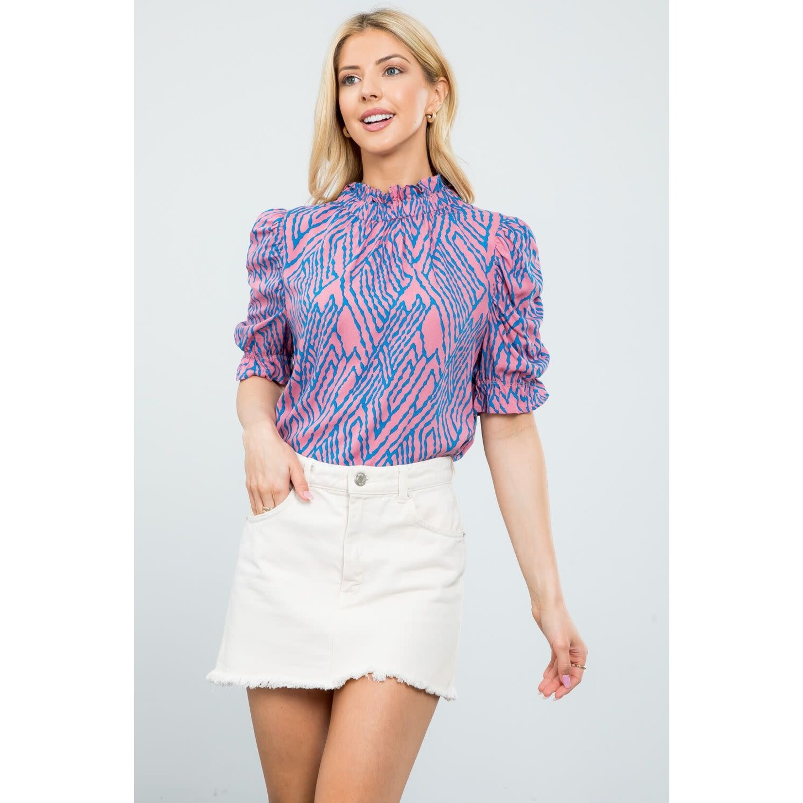 THML Ruched Sleeve Print Top