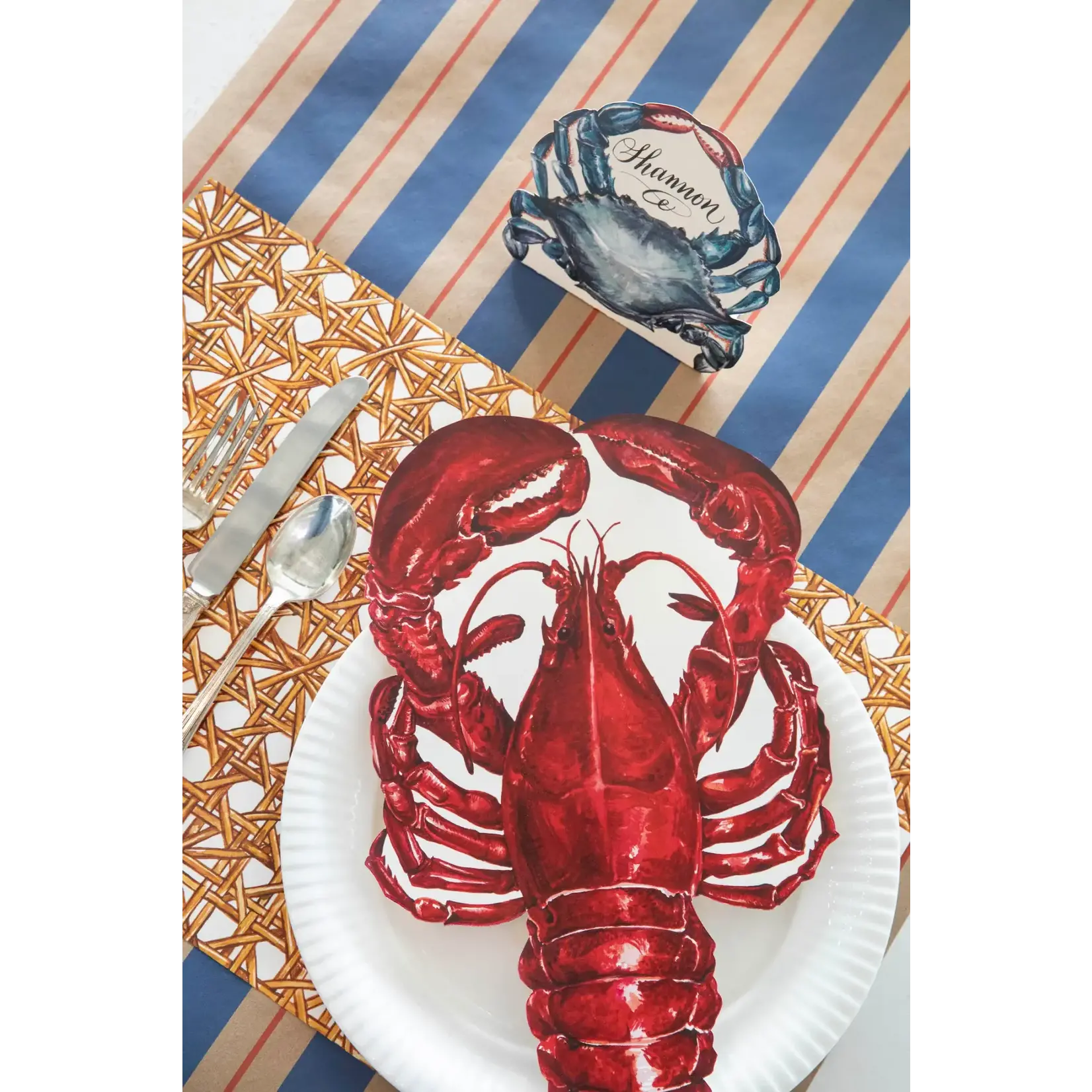 Hester & Cook Paper Table Runner 20" x 25' Kraft Navy & Red Awning Stripe
