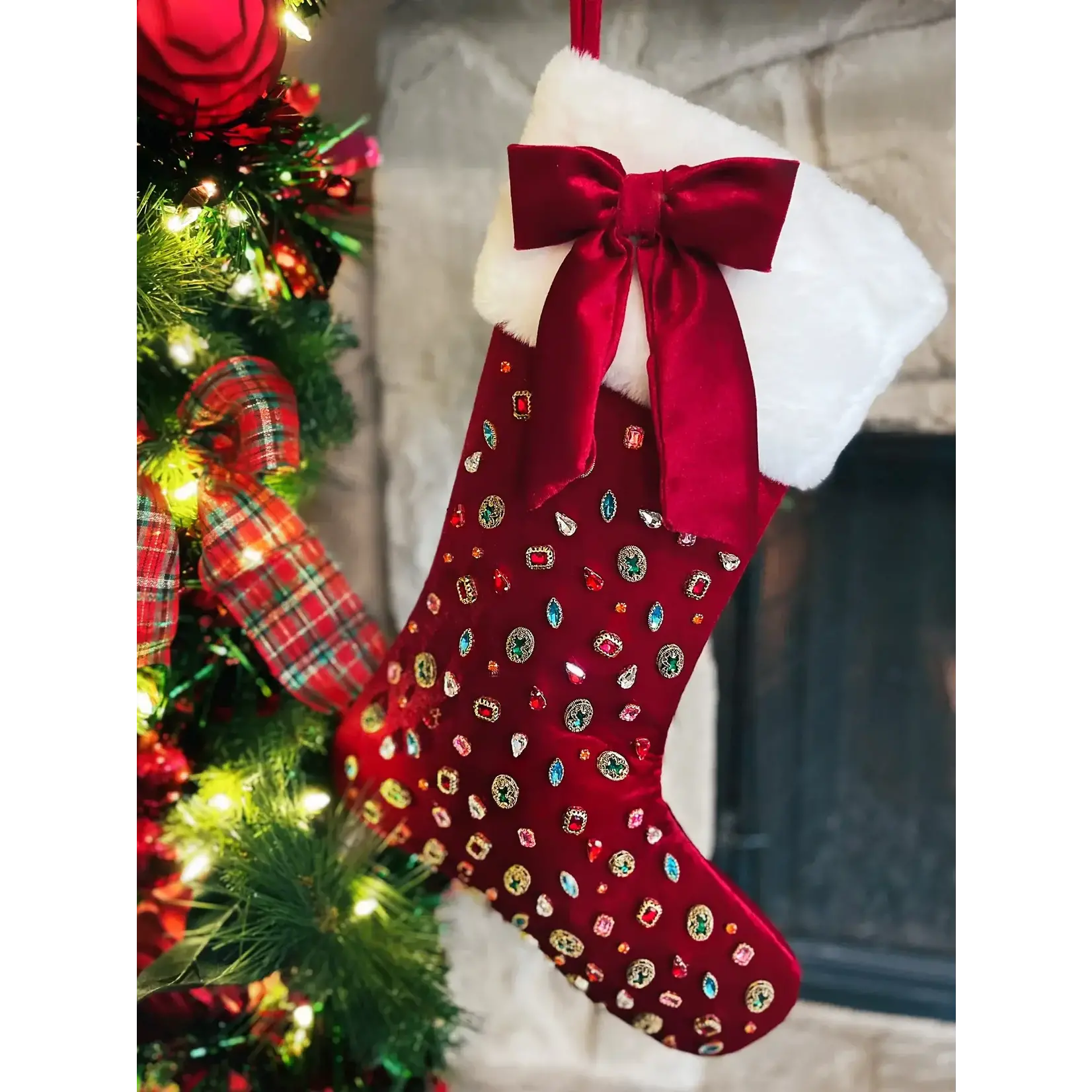 Brianna Cannon Dark Berry Red Bejeweled Velvet Christmas Stocking with Bow