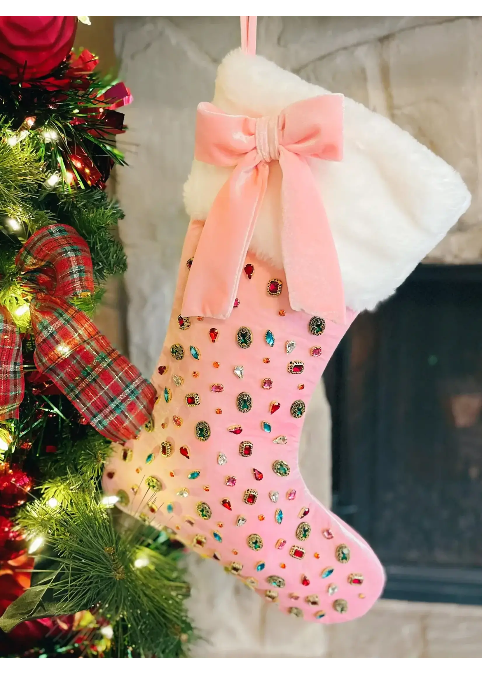 Brianna Cannon Pink Bejeweled Velvet Christmas Stocking with Bow