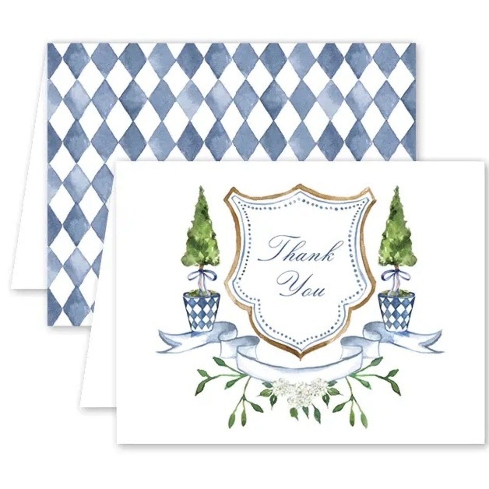 Dogwood Hill BLUE TOPIARY CREST THANK YOU CARD - 8 Cards/Envelopes