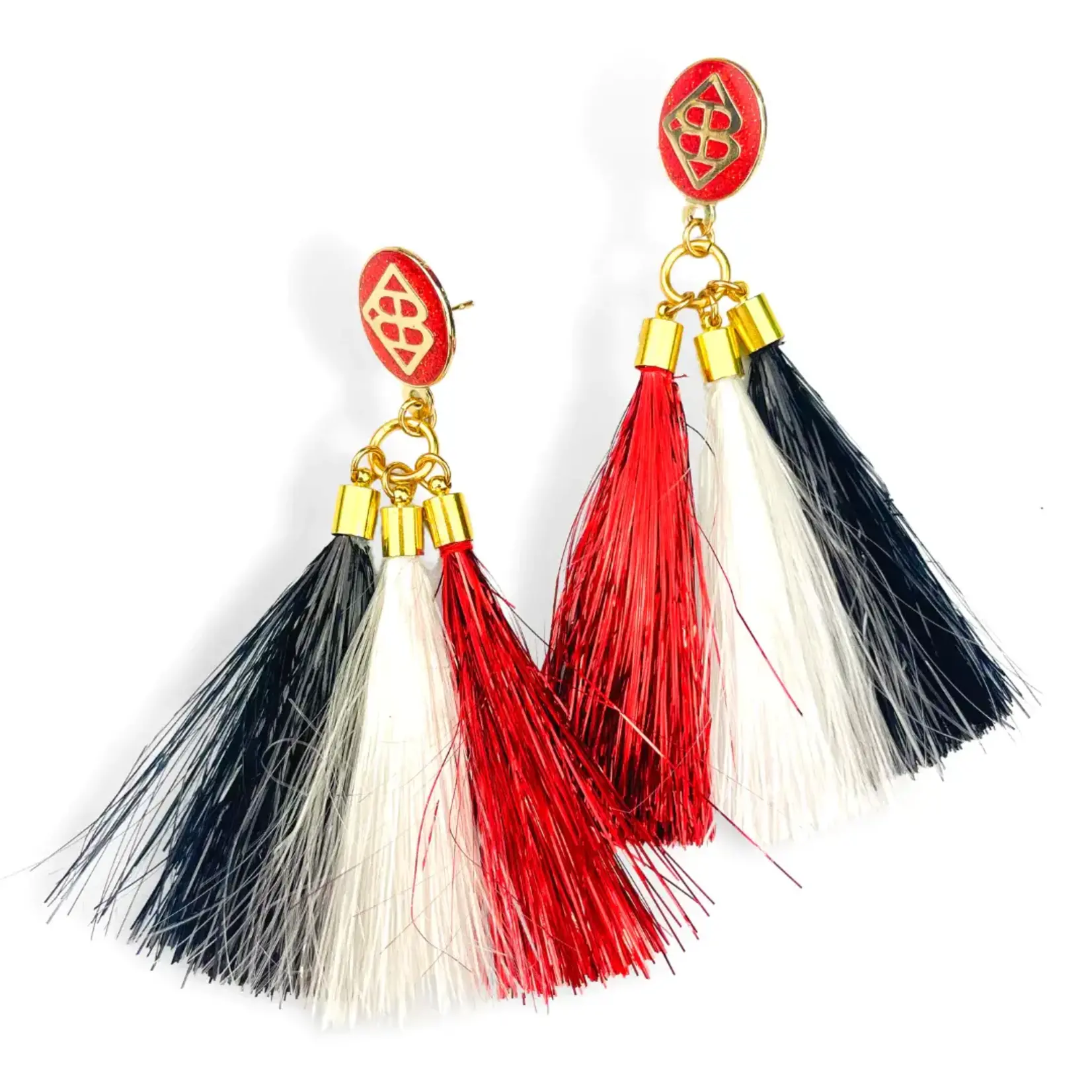 Brianna Cannon RED, BLACK, AND WHITE METALLIC JUMBO TASSEL EARRINGS