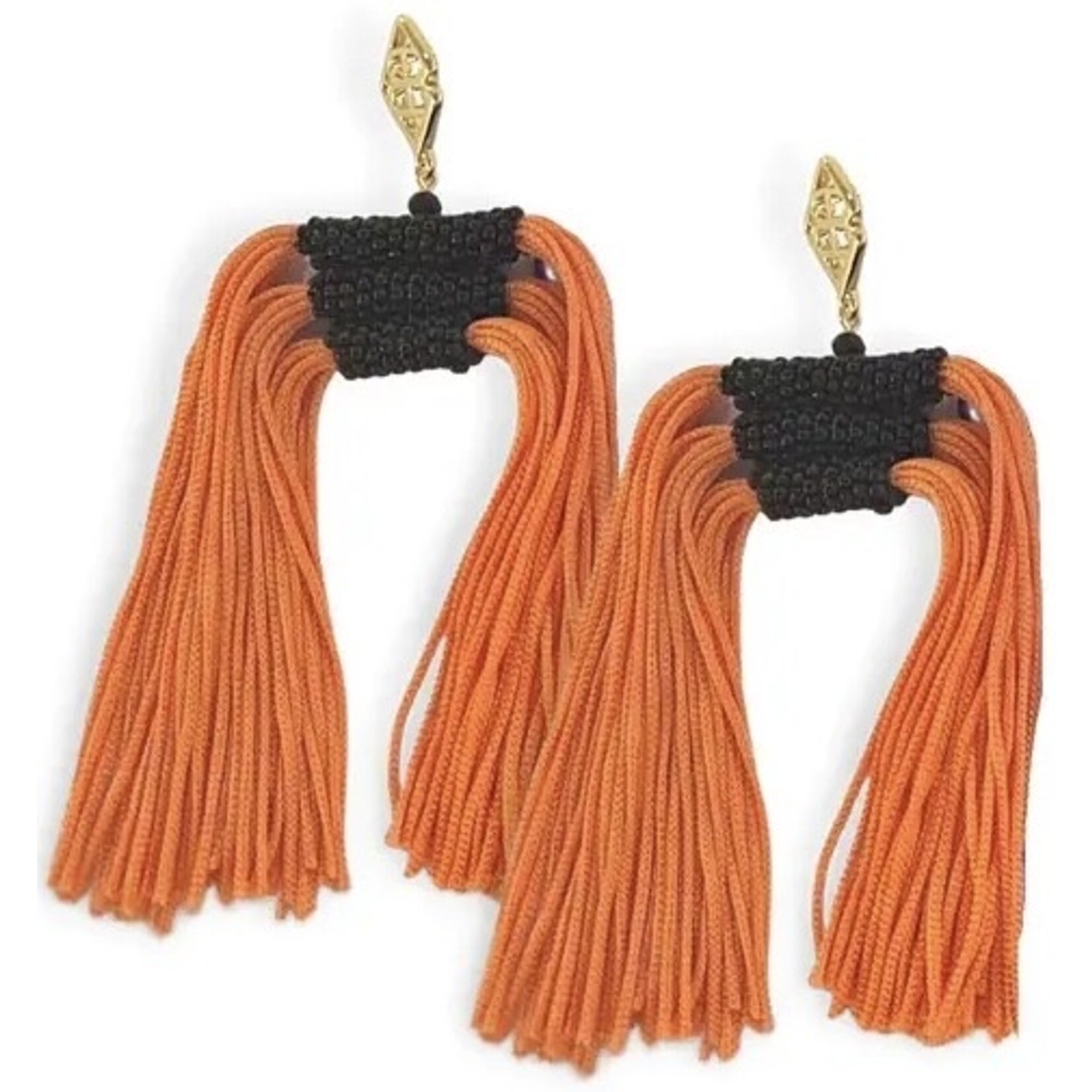 Brianna Cannon COLOR BLOCK TASSEL EARRINGS - ORANGE AND BLACK