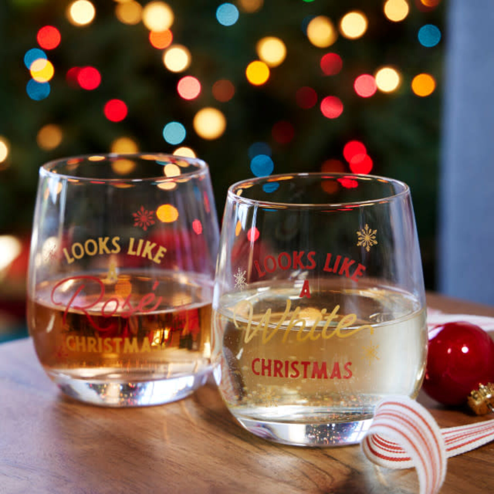 Demdaco White & Rose Christmas Wine Glasses - Set of 2