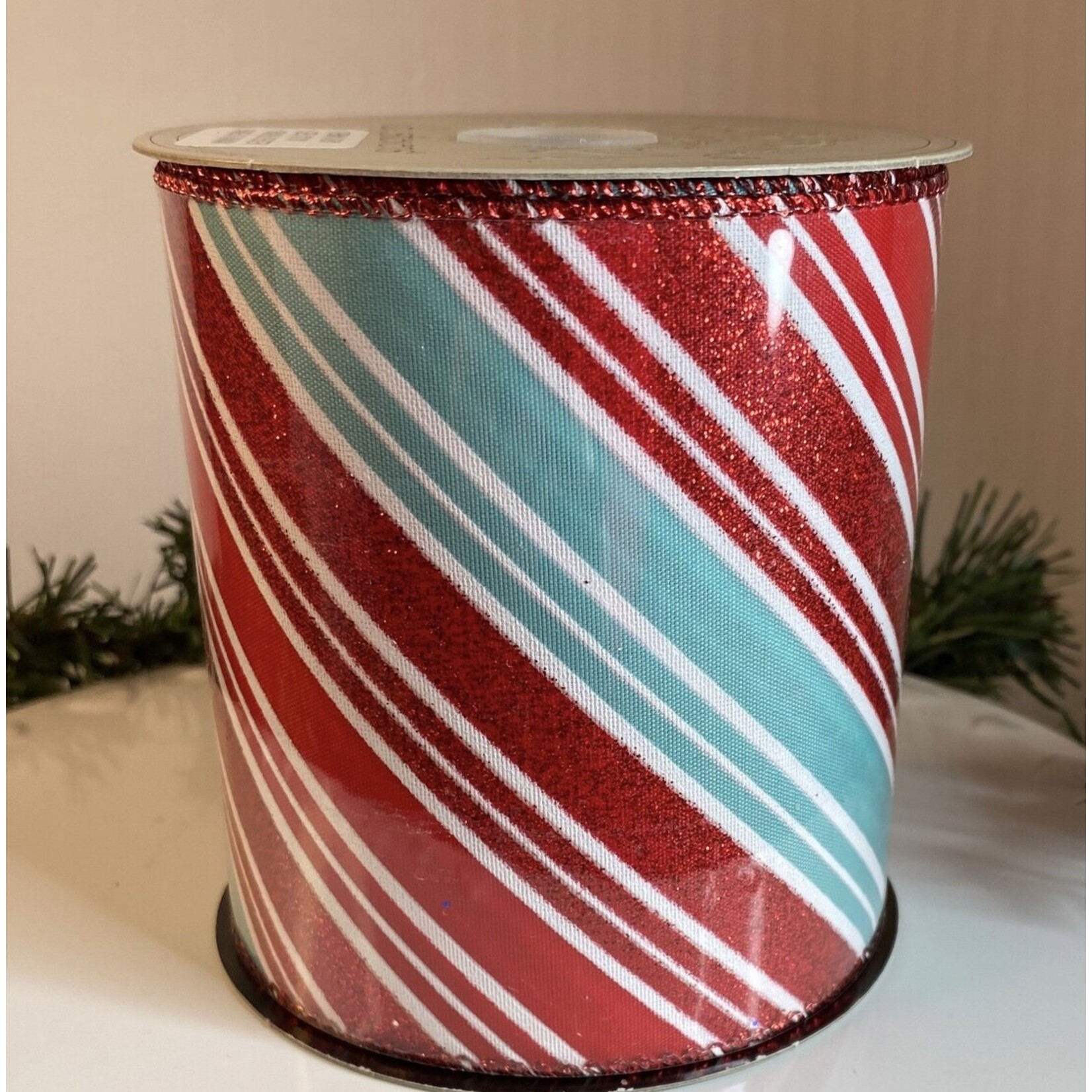 D. Stevens Fine Ribbons 4" x 10yds Satin Red Glitter, Blue and White Stripe Candy Cane Ribbon