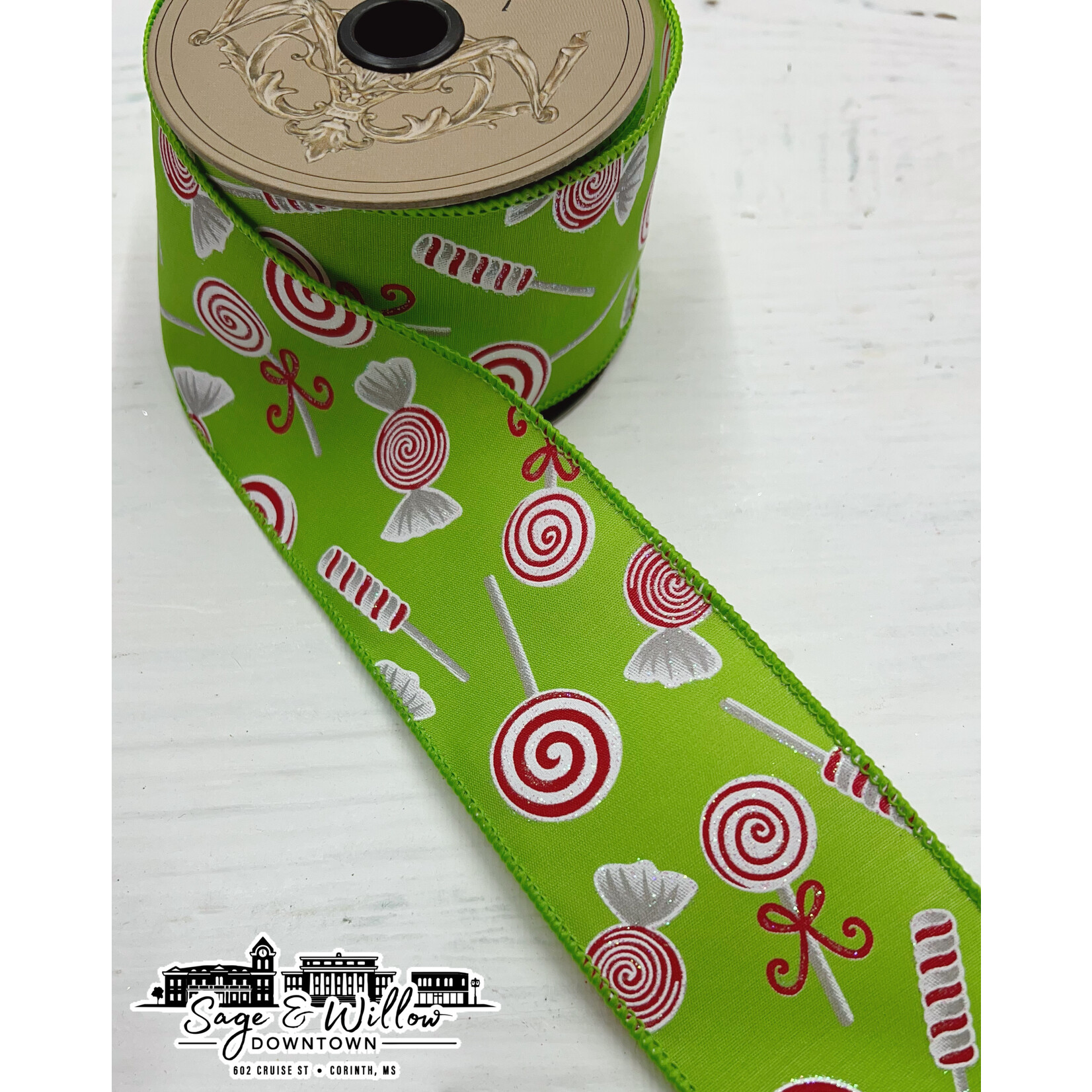 D. Stevens Fine Ribbons 2.5" x 10yds peppermint candy, lime