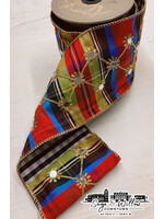 D. Stevens Fine Ribbons 4" x 5yds taffeta Nutcracker plaid diamond embroidery, check back, royal blue-red-green