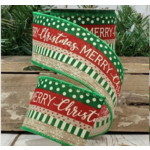 D. Stevens Fine Ribbons 2.5" x 10yds linen Merry Christmas polka dot stripes, green
