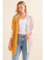 Cozy Co. Half and Half Striped Knit Dolman Batwing Cardigan with Ribbed Sleeves- Mustard