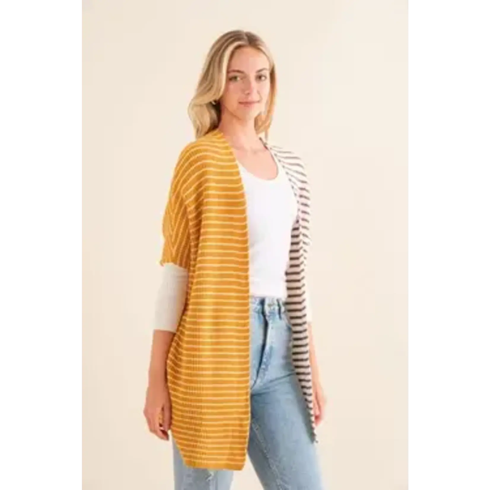 Cozy Co. Half and Half Striped Knit Dolman Batwing Cardigan with Ribbed Sleeves- Mustard