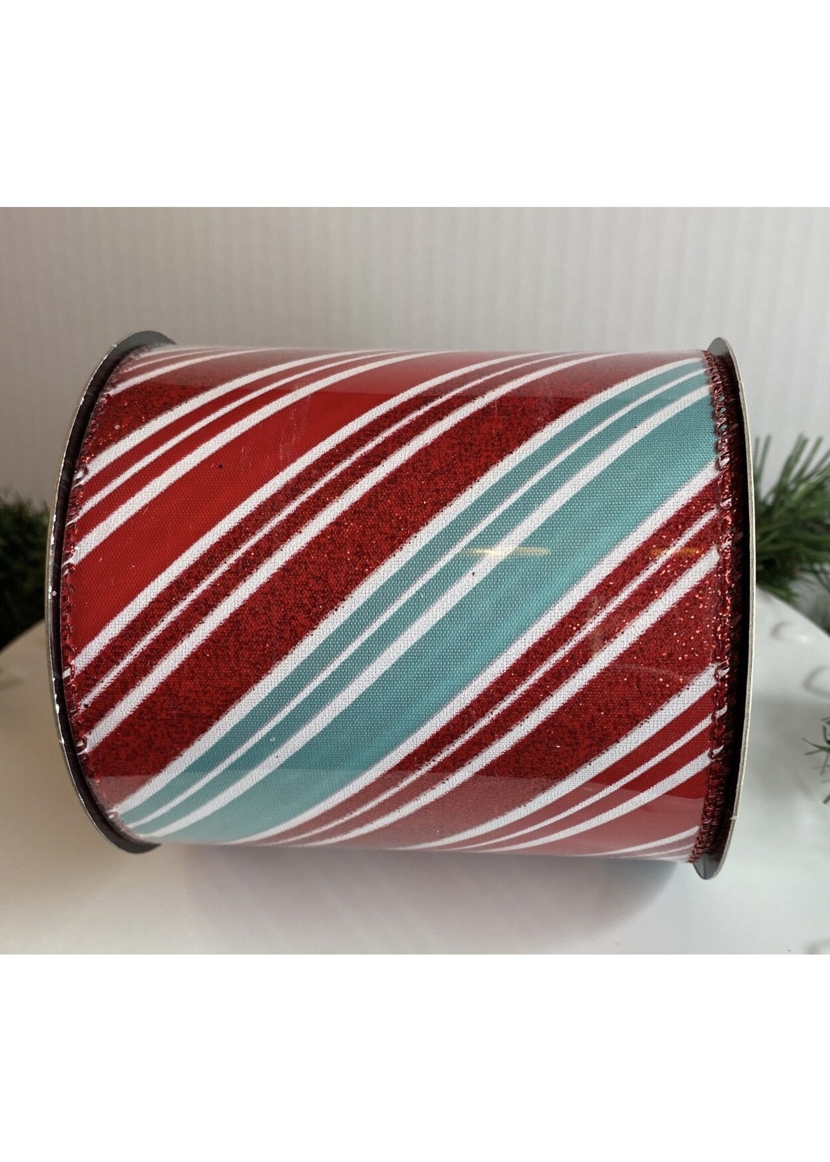 D. Stevens Fine Ribbons 4" x 10yds Satin Red Glitter, Blue and White Stripe Candy Cane Ribbon