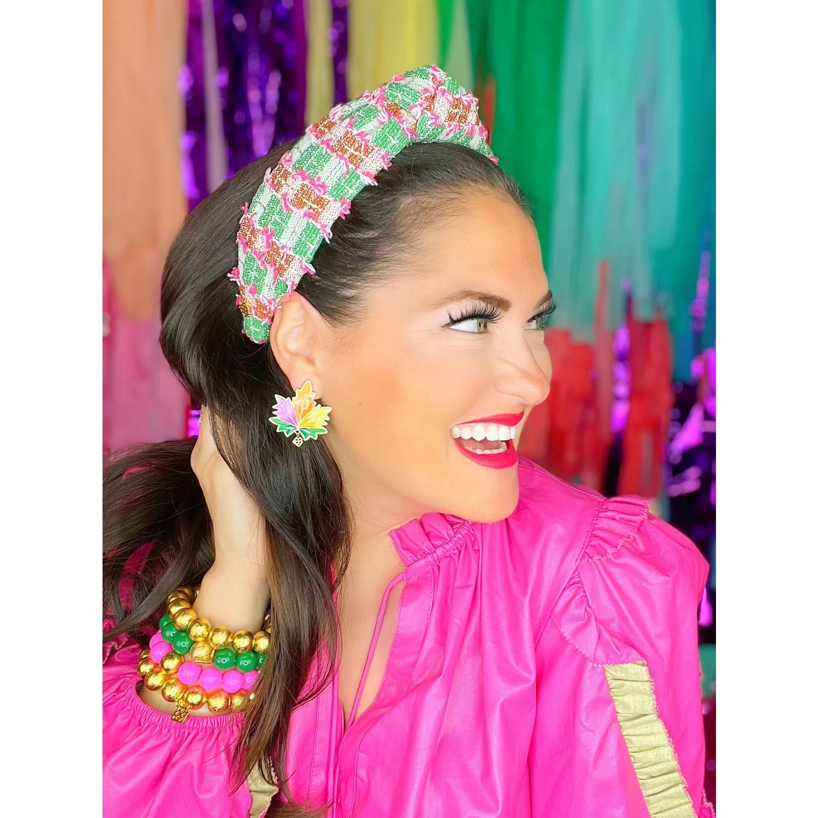 Brianna Cannon FALL PINK AND GREEN TWEED HEADBAND