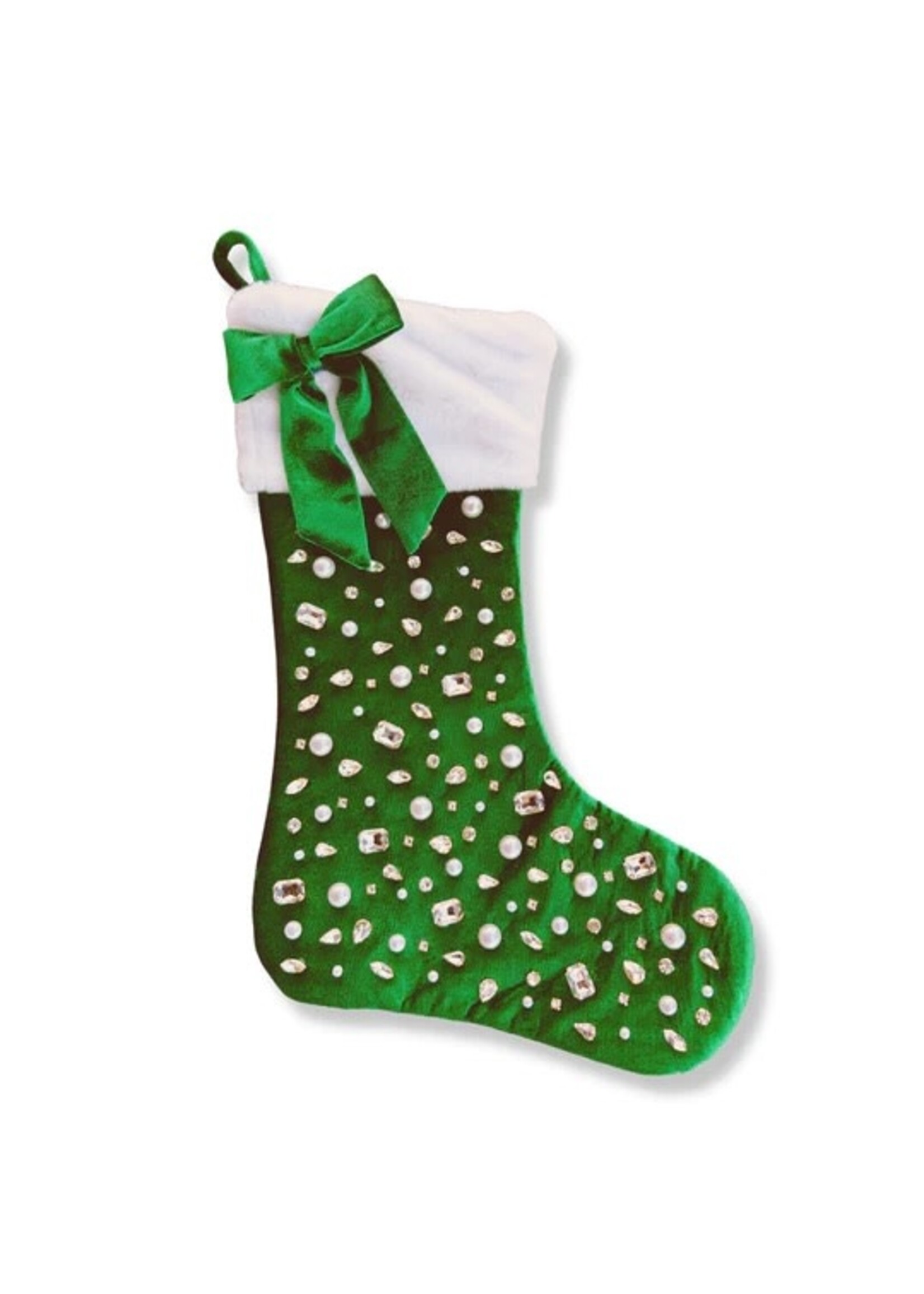 Brianna Cannon Kelly Green Velvet Christmas Stocking with Crystals and Bow