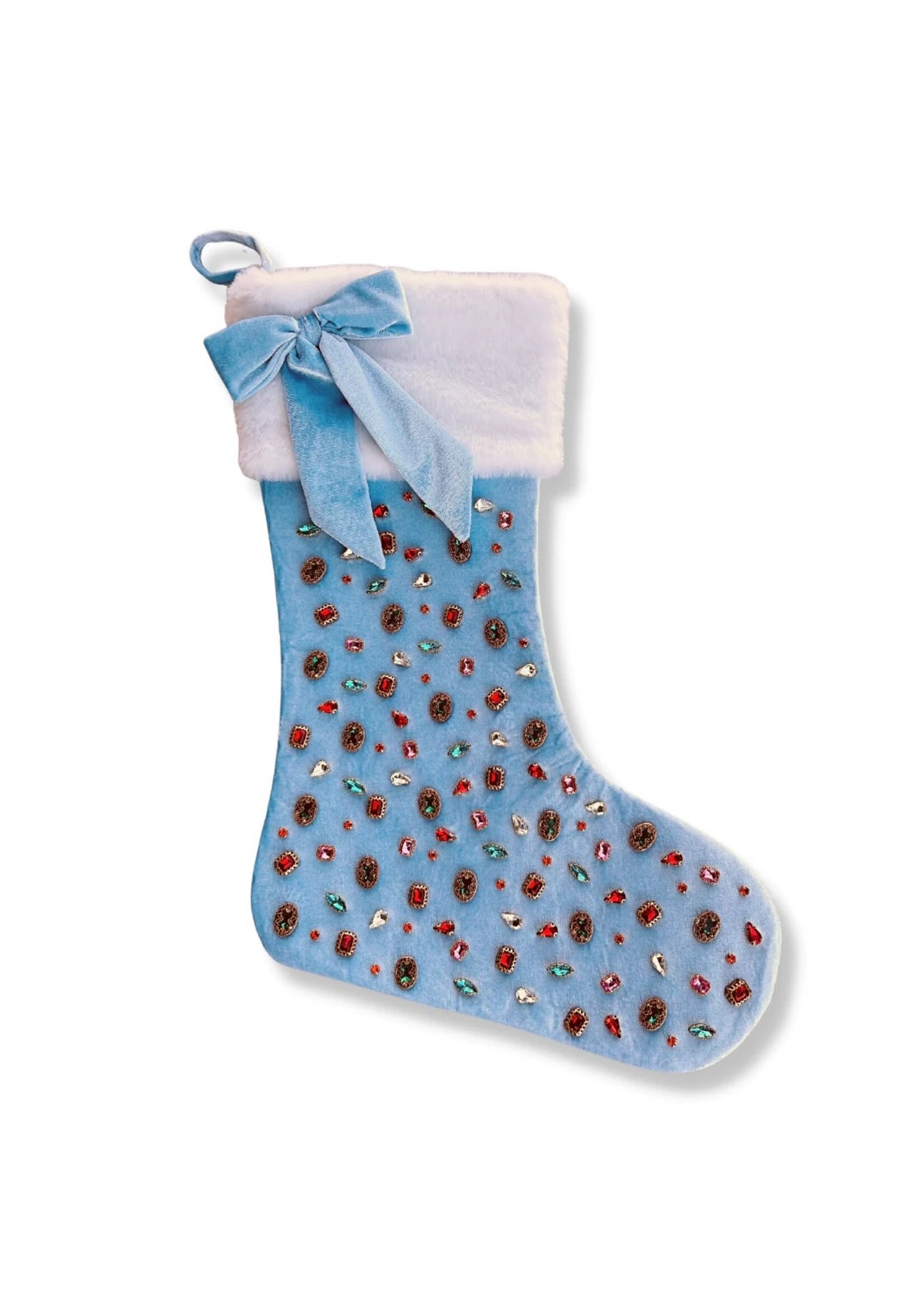 Brianna Cannon Light Blue Velvet Christmas Stocking with Crystals and Bow
