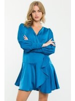 THML Long Sleeve Flutter Dress in Blue