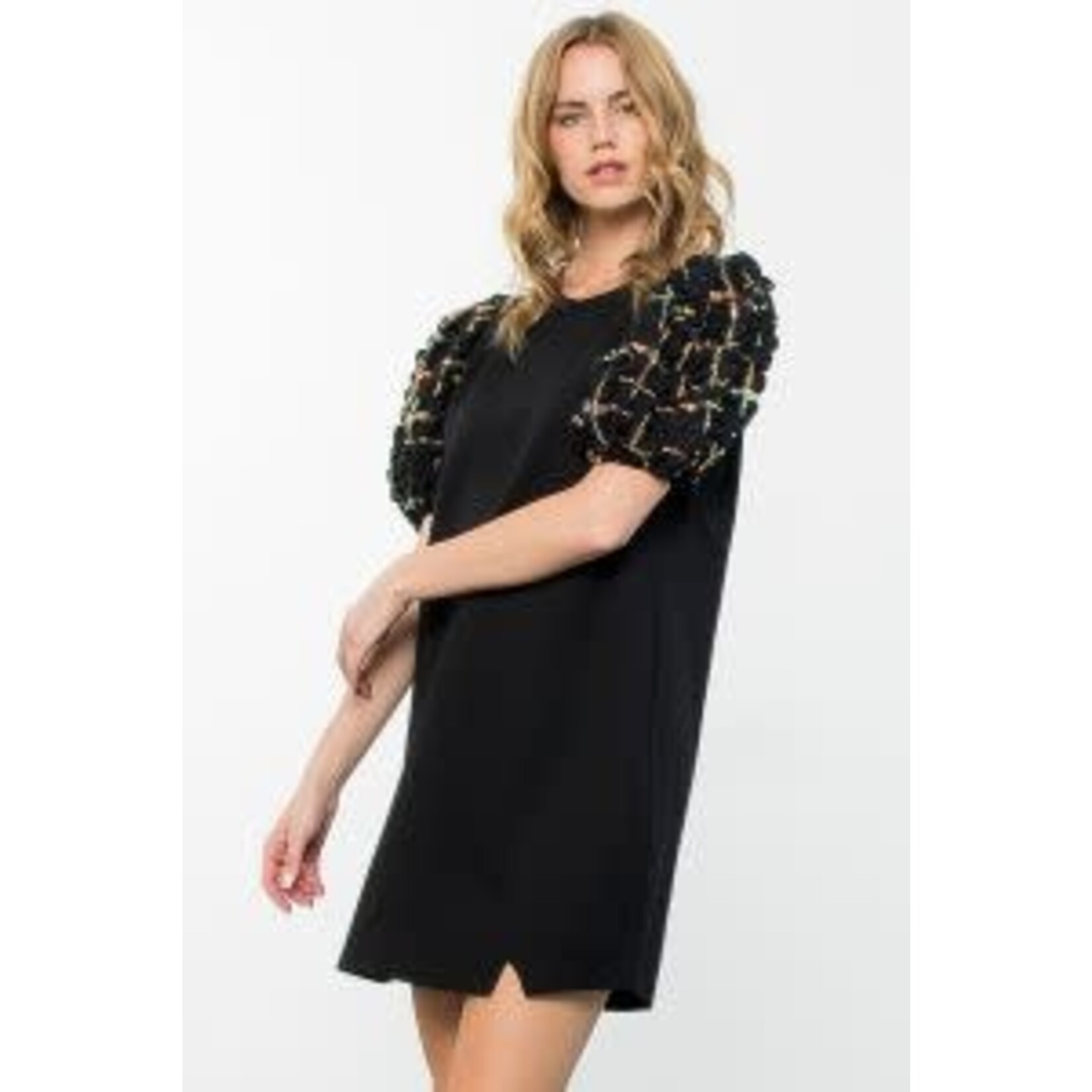 THML Textured Puff Sleeve Dress in Black