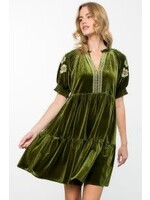 THML Embroidered Detail Sleeve Velvet Dress in Olive