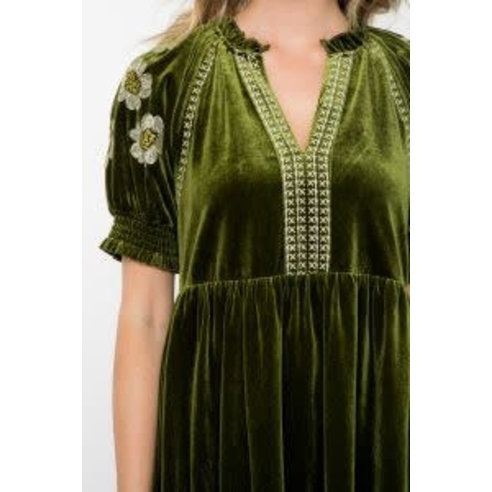 THML Embroidered Detail Sleeve Velvet Dress in Olive