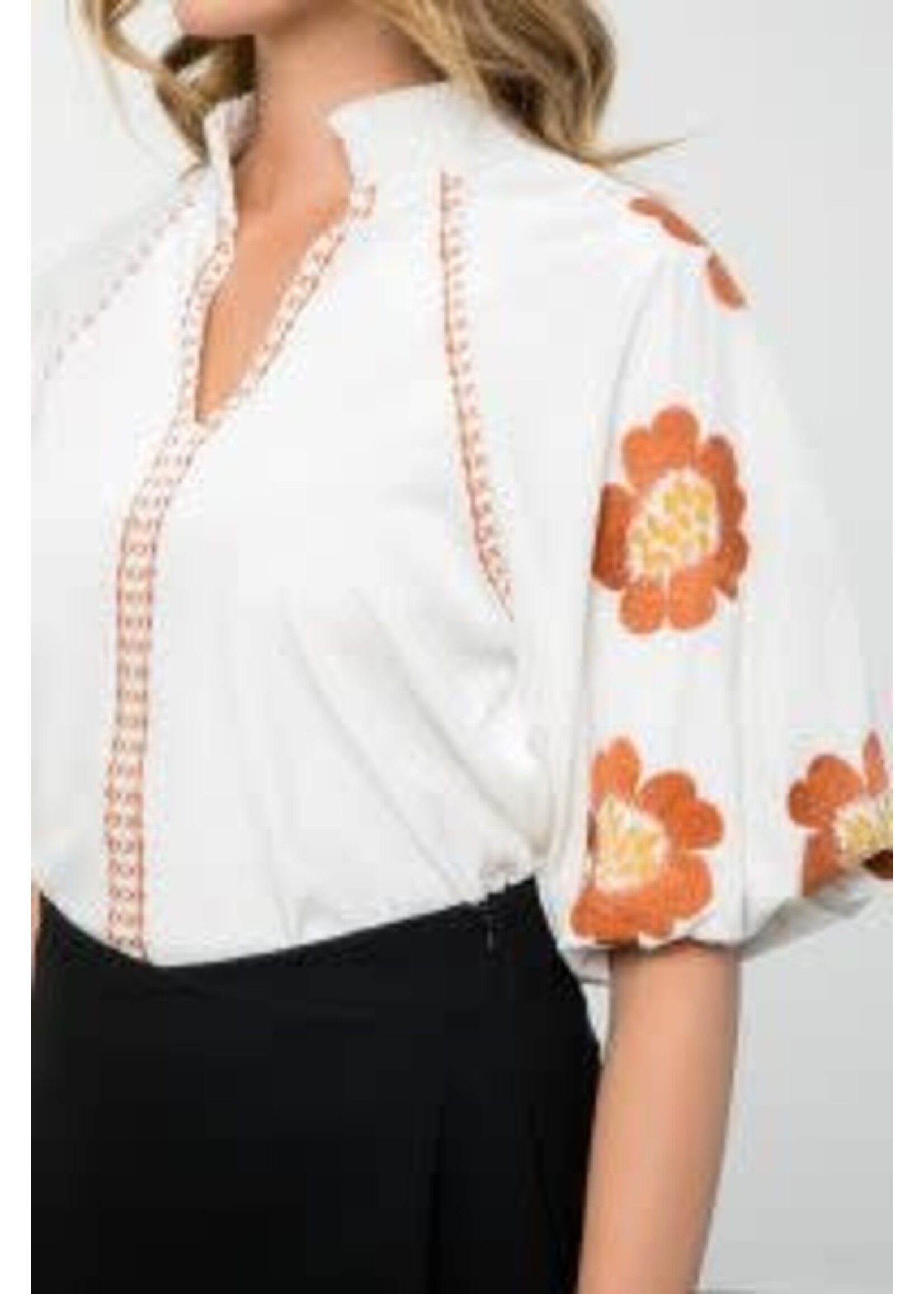 THML White Embroidered Puff Sleeve Velvet Top
