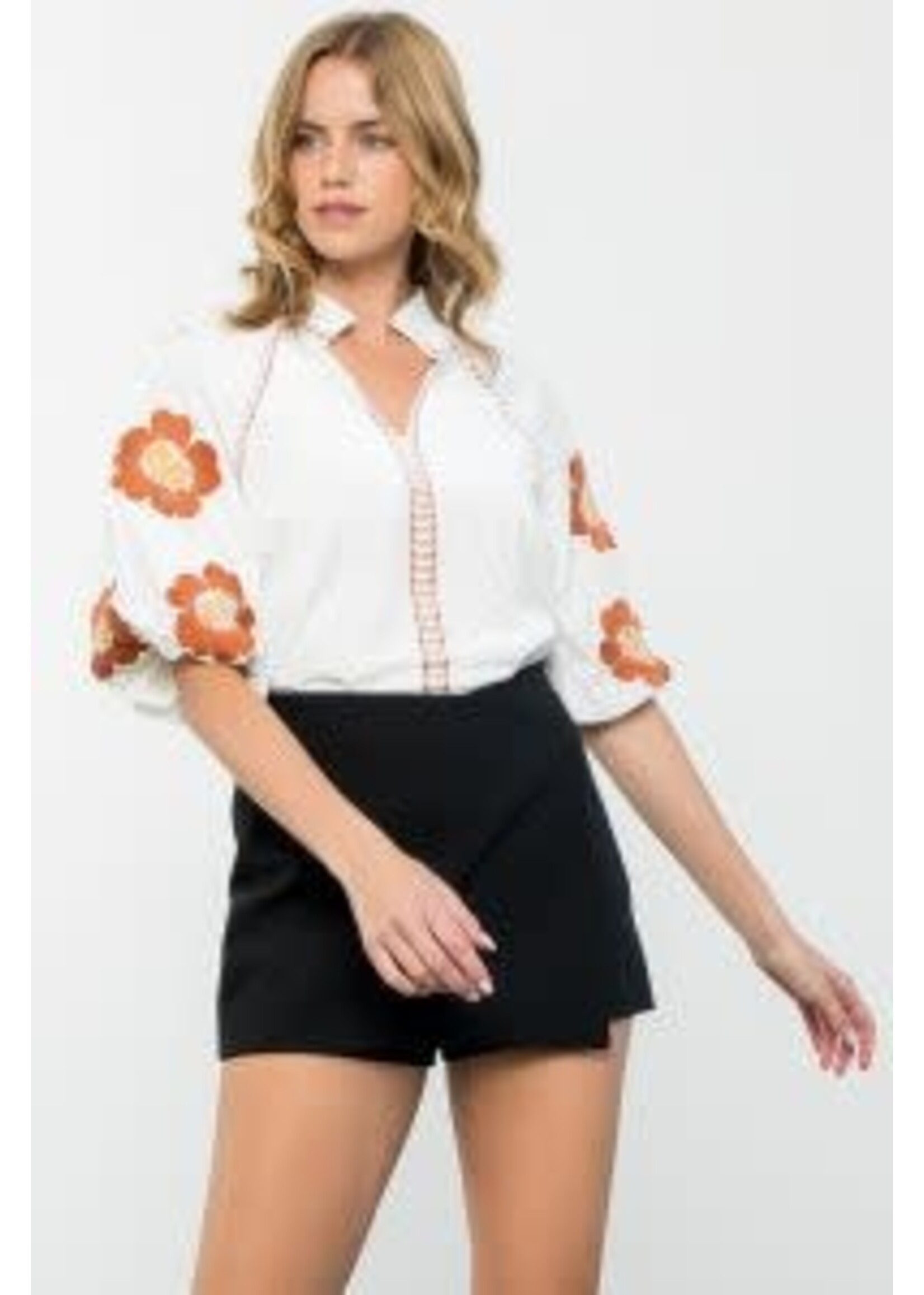 THML White Embroidered Puff Sleeve Velvet Top