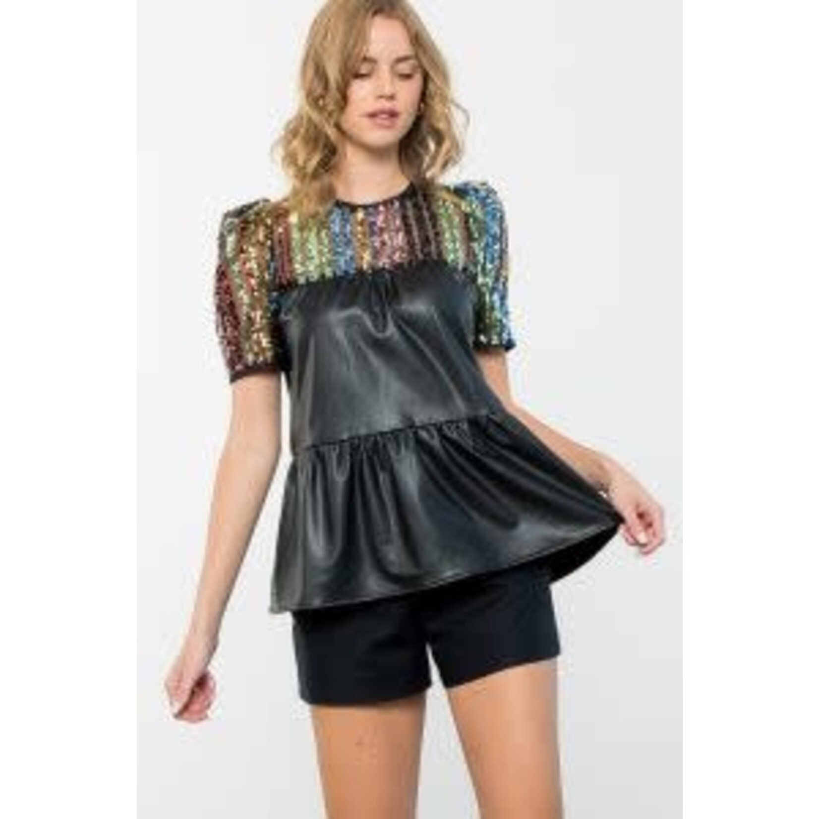 THML Sequin Detail Tiered Leather Top in Black