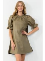 THML Olive Puff Sleeve Leather Dress